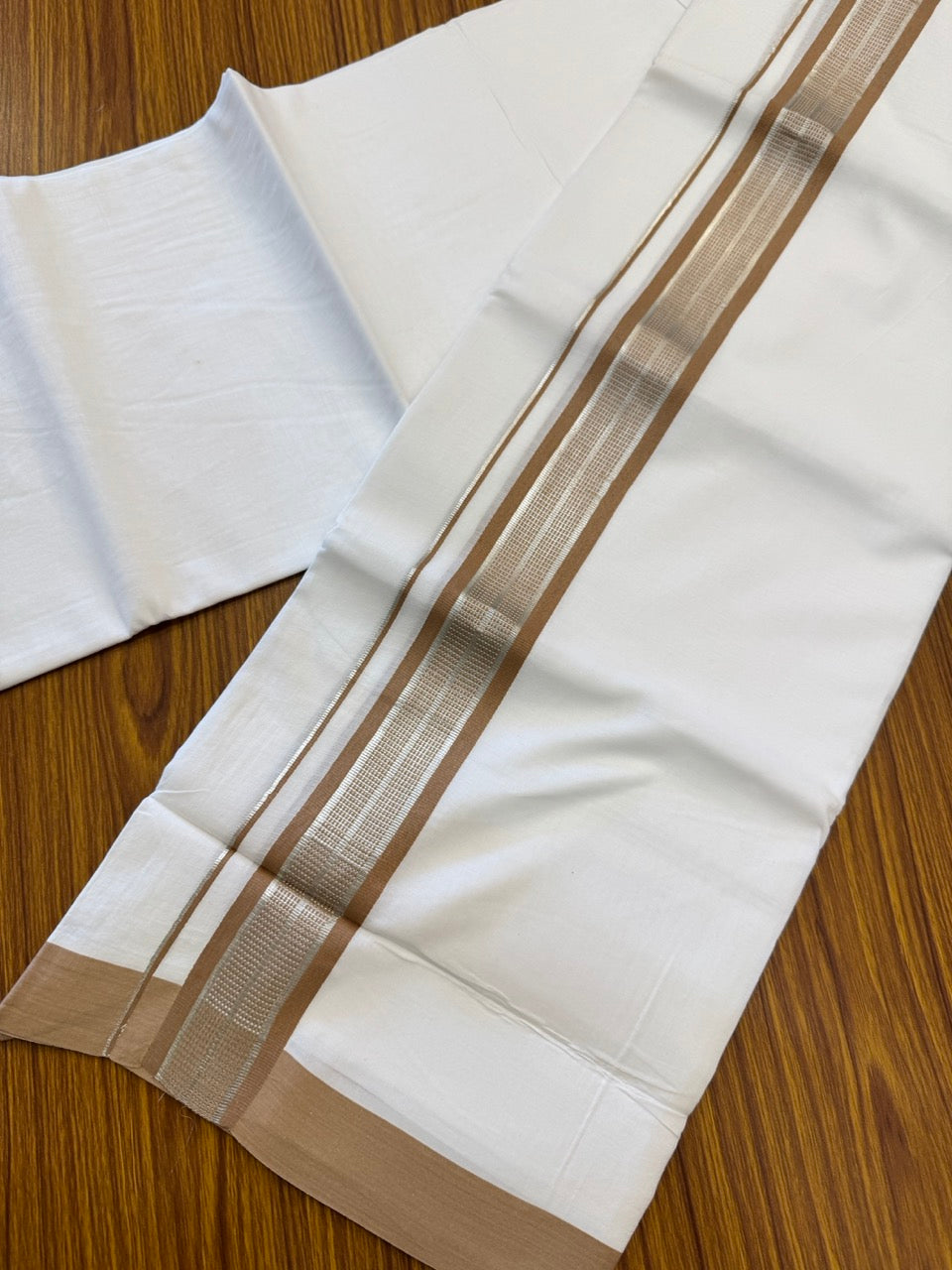 Pure White Double 20% Discount! KaithariKada 100% Cotton Pure Cotton Double Mundu / Dhoti - 100x80 - 1.5 inch Brown Jacquard Silver Kasav Kara 3.80 meter (8 muzham) - 86 KK5220 THI
