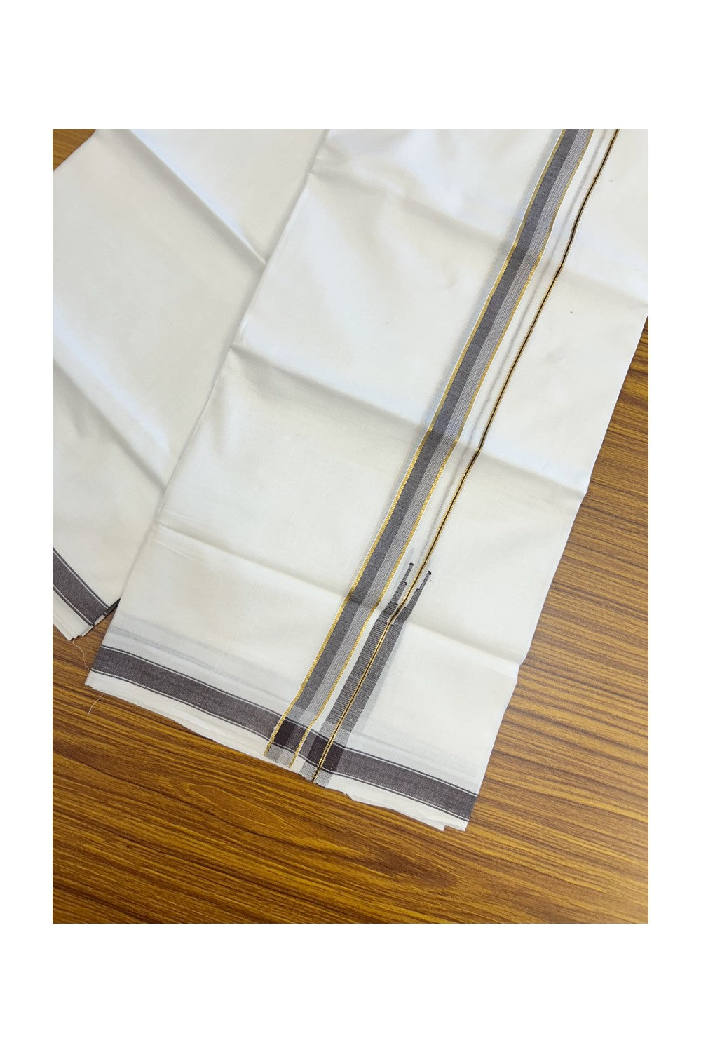 20% DISCOUNT!! Kaitharikada Balaramapuram 100% Pure Cotton PURE WHITE Double Mundu/Dothi - 100x80 - 0.75 Inch Dark Brown & Gold Kasavu shaded Stripes Puliyilakkara Chutty - 84KK5217 CKS