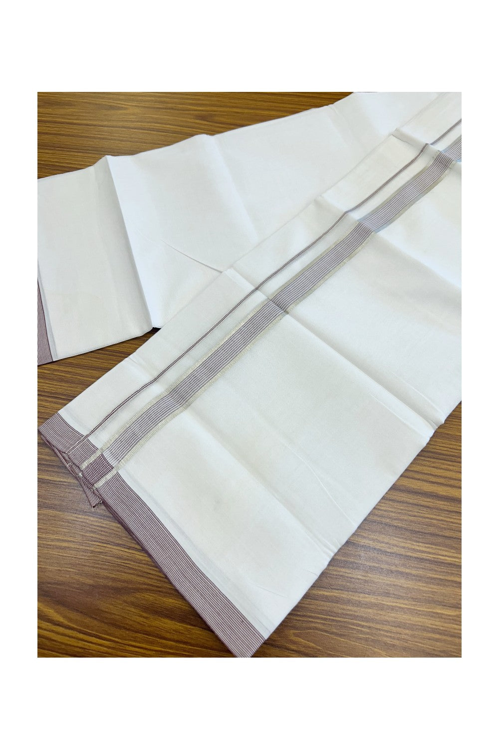 20% Discount ! Kaitharikada Balaramapuram 100% Cotton PURE WHITE Double Mundu/Dothi - 100x80 - 0.75 inch Silver Kasav & Light Wine stripes Kara 3.75 mtr (8 muzham) - 86KK5220 THI