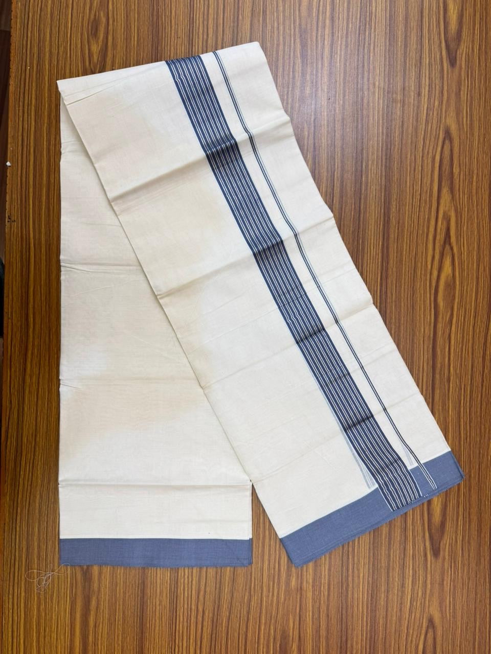 20% Discount! KaithariKada Balaramapuram 100% Cotton Off white Double Mundu/Dhoti - (100x80)S - 1.75 inch Steel Blue & Silver Kasav Striped Kara - 4mtr (8.5muzham) - 80 KK5255 VAS