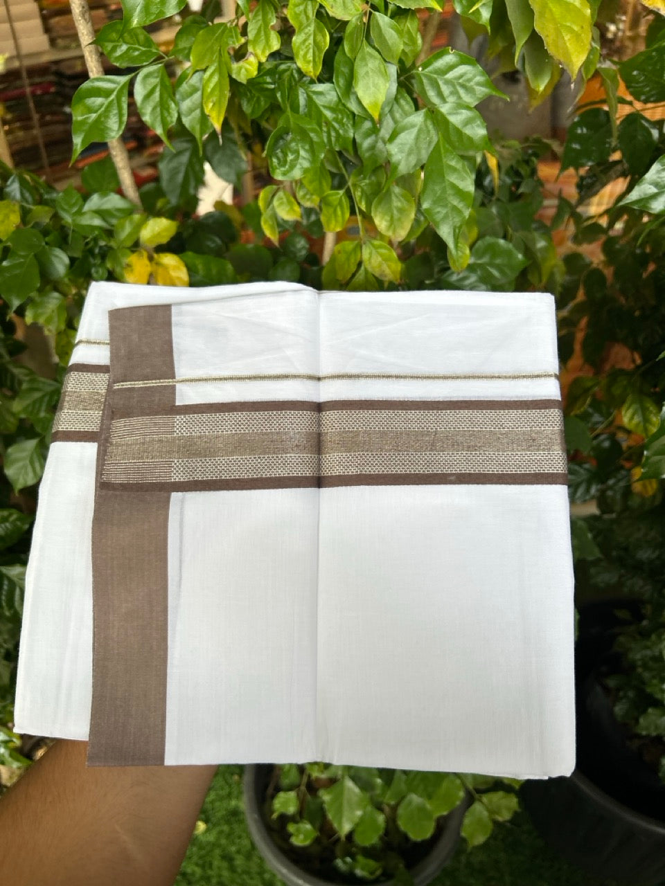 Pure White Double 20% Discount! KaithariKada 100% Cotton Pure Cotton Double Mundu / Dhoti - 100x80 - 1.5 inch Dark Brown Jacquard Silver Kasav Kara 3.80 meter (8 muzham) - 87 KK5220 THI