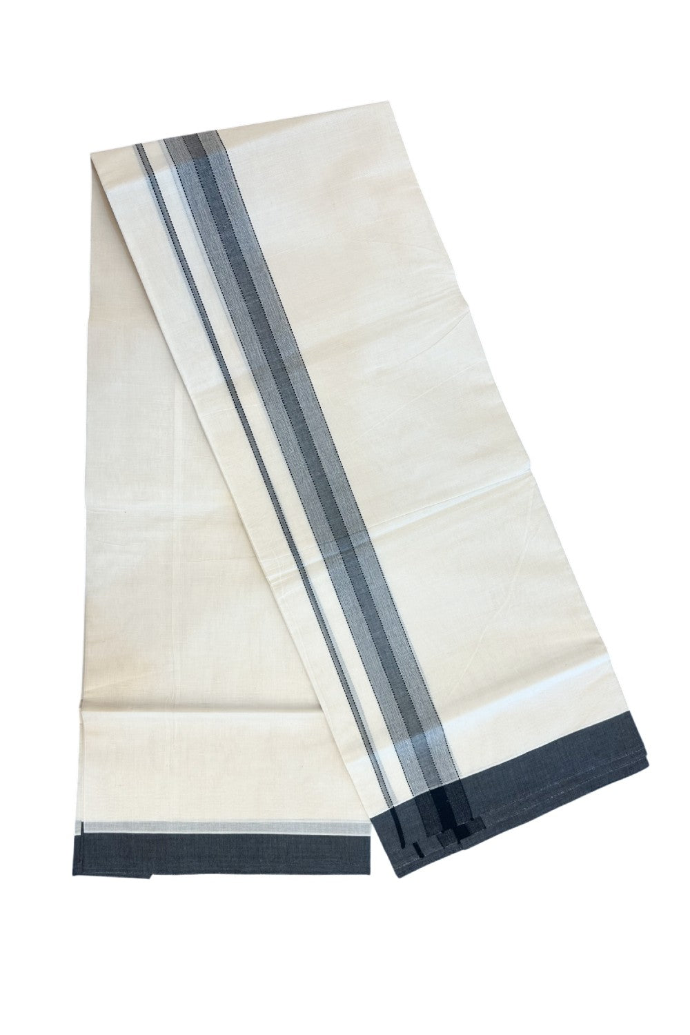 KaithariKada Balaramapuram 100% Cotton Double Off White (unbleached) Mundu/Dhoti- 100x80 - 1.75 inch Black Shaded Design Kara 4 mtr (8.5 muzham) - 86KK5227 PMC