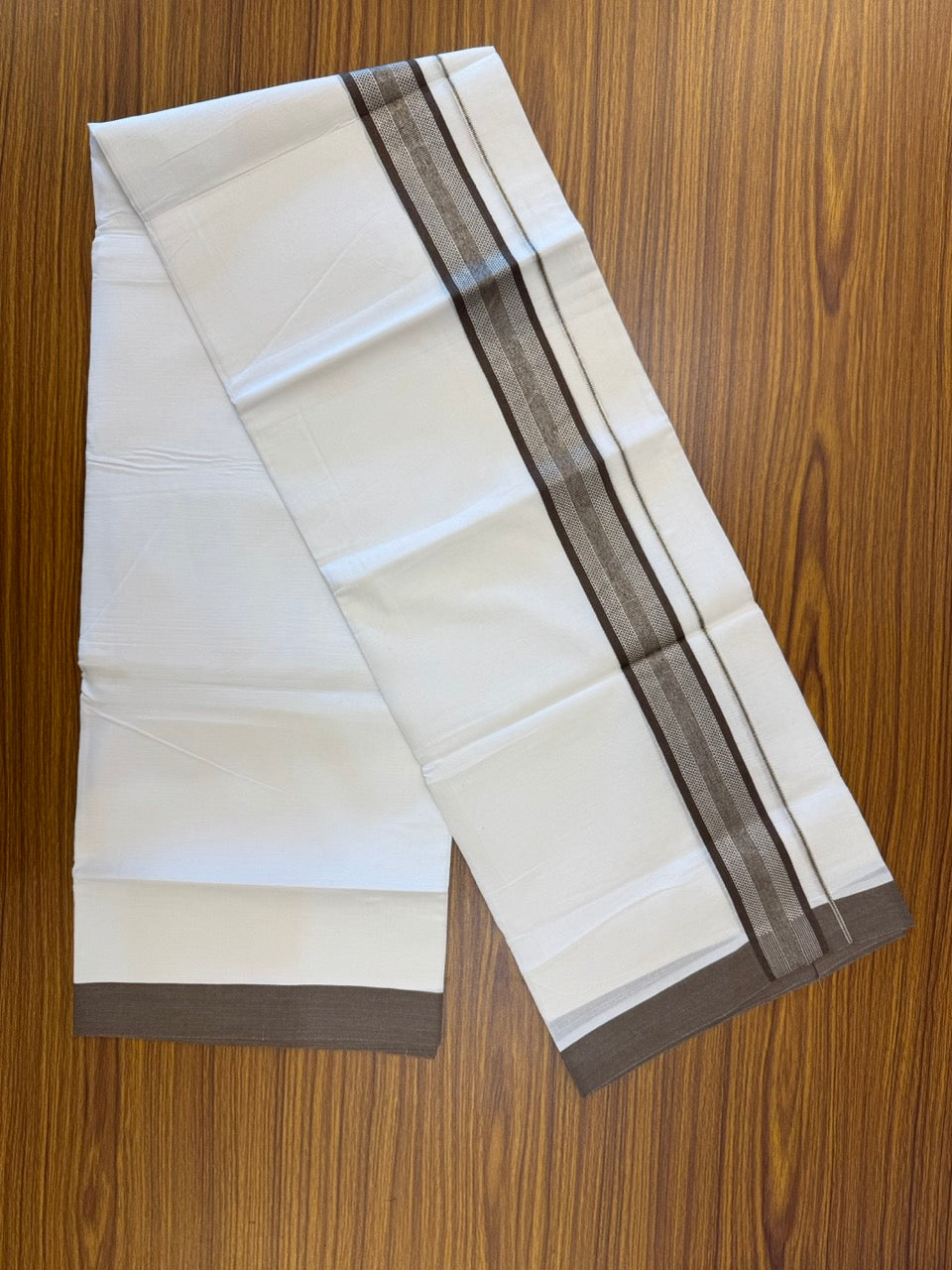 Pure White Double 20% Discount! KaithariKada 100% Cotton Pure Cotton Double Mundu / Dhoti - 100x80 - 1.5 inch Dark Brown Jacquard Silver Kasav Kara 3.80 meter (8 muzham) - 87 KK5220 THI