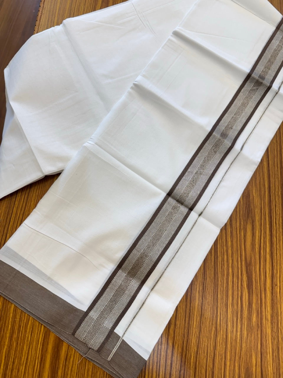 Pure White Double 20% Discount! KaithariKada 100% Cotton Pure Cotton Double Mundu / Dhoti - 100x80 - 1.5 inch Dark Brown Jacquard Silver Kasav Kara 3.80 meter (8 muzham) - 87 KK5220 THI