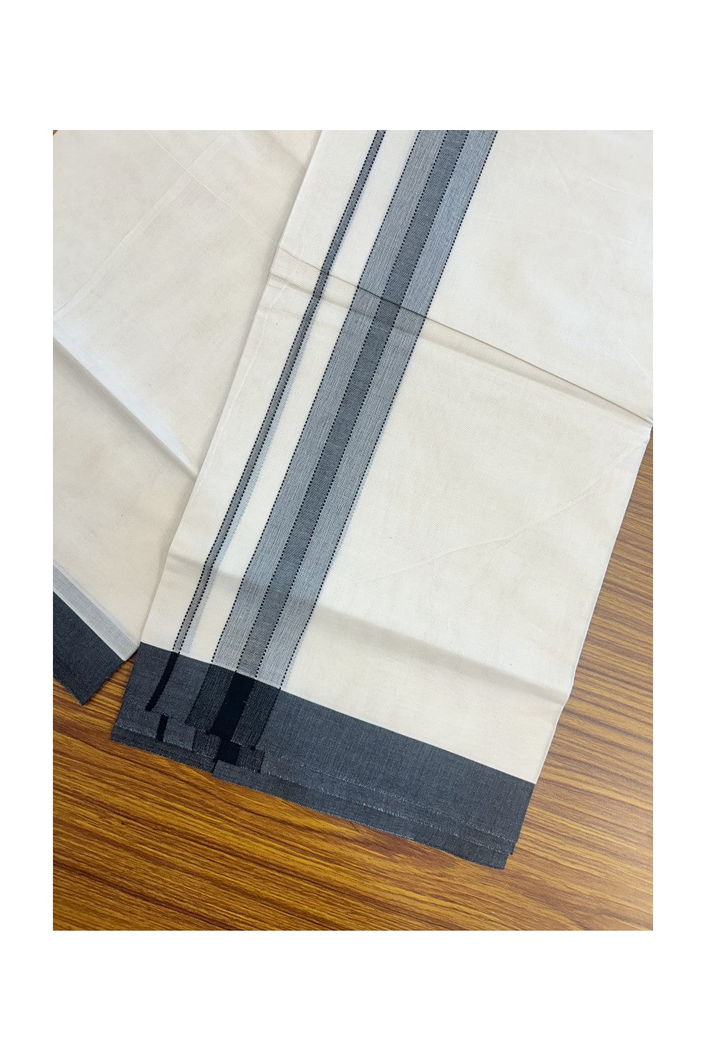 KaithariKada Balaramapuram 100% Cotton Double Off White (unbleached) Mundu/Dhoti- 100x80 - 1.75 inch Black Shaded Design Kara 4 mtr (8.5 muzham) - 86KK5227 PMC