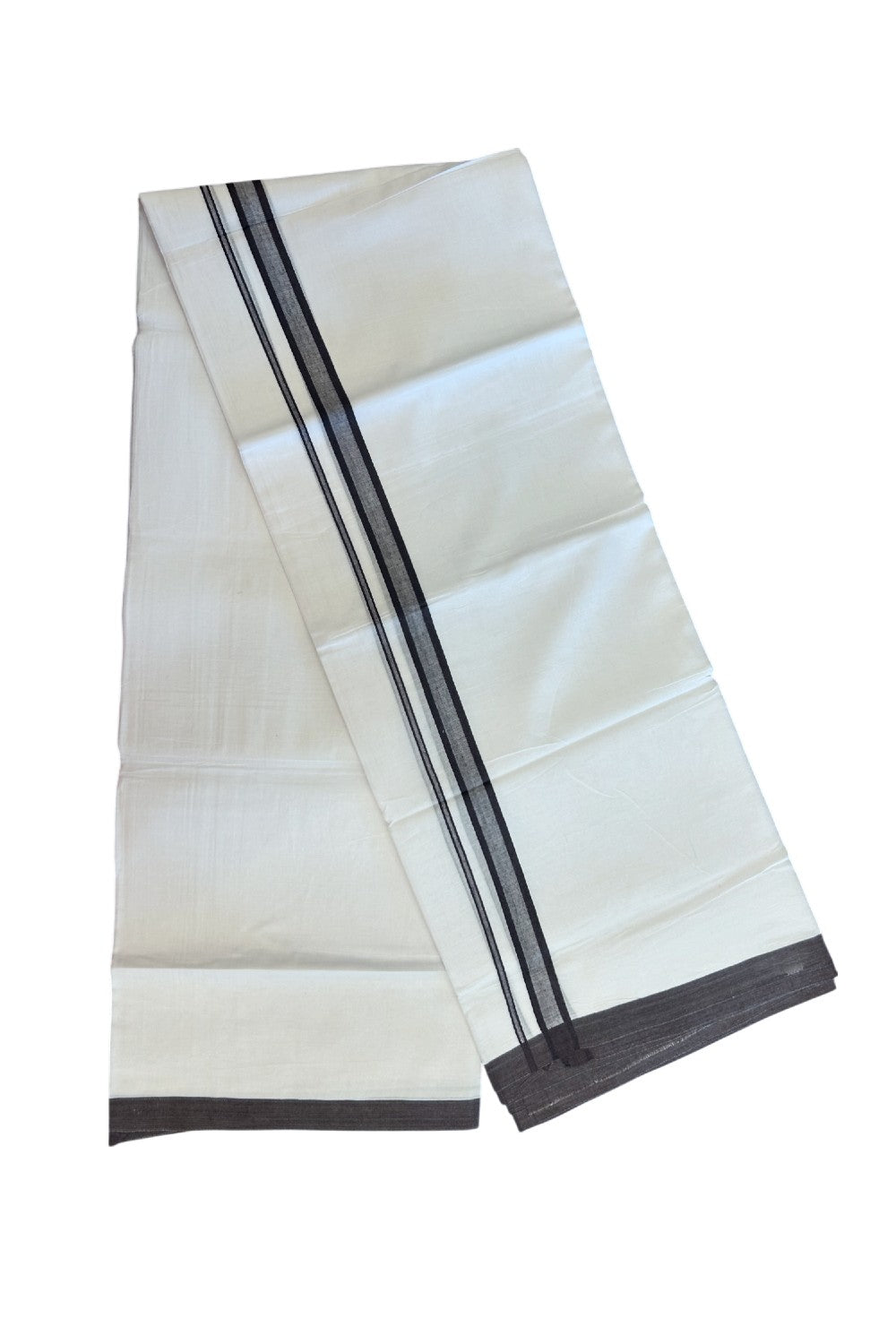 20% Discount ! Kaitharikada Balaramapuram 100% Cotton PURE WHITE Double Mundu/Dothi - 100x80 - 0.75 inch Dark Brown Shaded Kara 3.70 mtr (8 muzham) - 64KK5220 THI