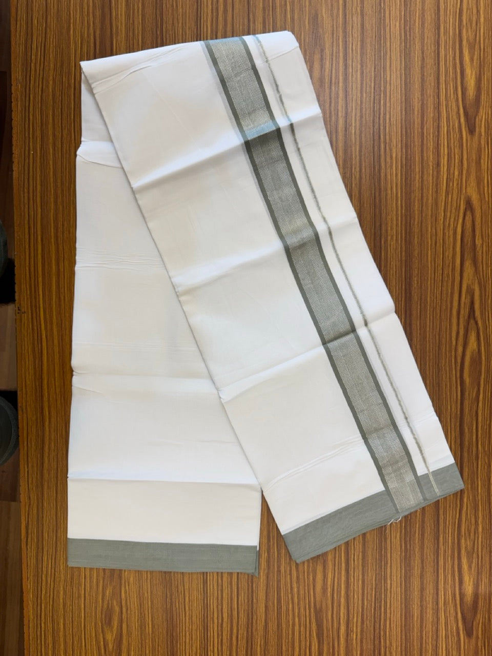 Pure White Double 20% Discount! KaithariKada 100% Cotton Pure Cotton Double Mundu / Dhoti - 100x80 - 1.5 inch Ash Green Jacquard Silver Kasav Kara 3.80 meter (8 muzham) - 88 KK5220 THI
