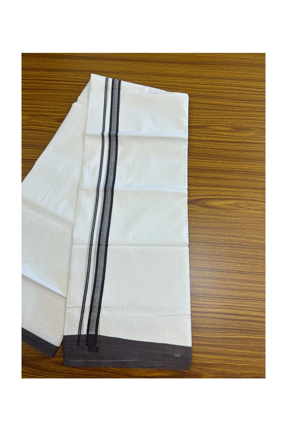 20% Discount ! Kaitharikada Balaramapuram 100% Cotton PURE WHITE Double Mundu/Dothi - 100x80 - 0.75 inch Dark Brown Shaded Kara 3.70 mtr (8 muzham) - 64KK5220 THI