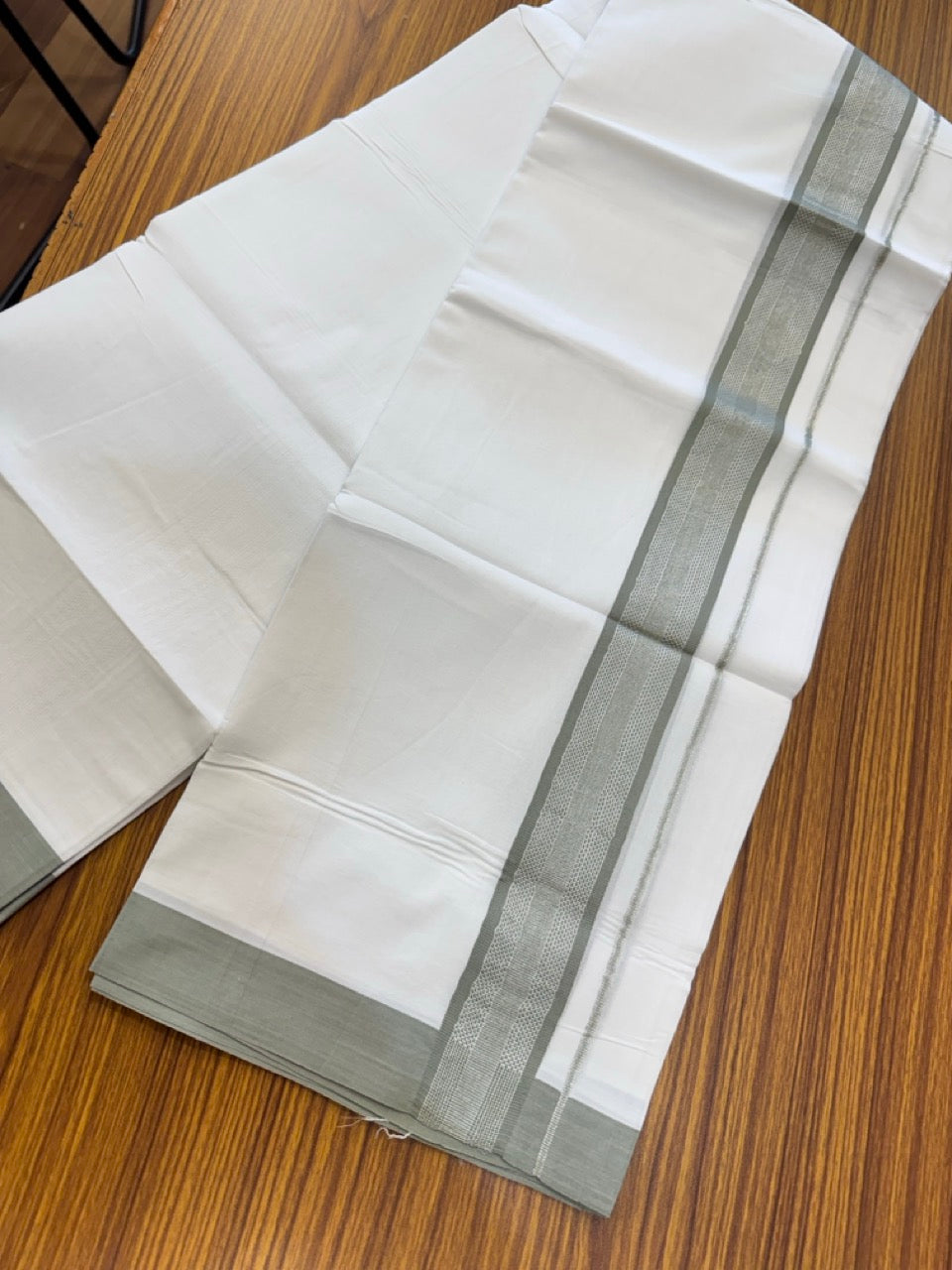 Pure White Double 20% Discount! KaithariKada 100% Cotton Pure Cotton Double Mundu / Dhoti - 100x80 - 1.5 inch Ash Green Jacquard Silver Kasav Kara 3.80 meter (8 muzham) - 88 KK5220 THI