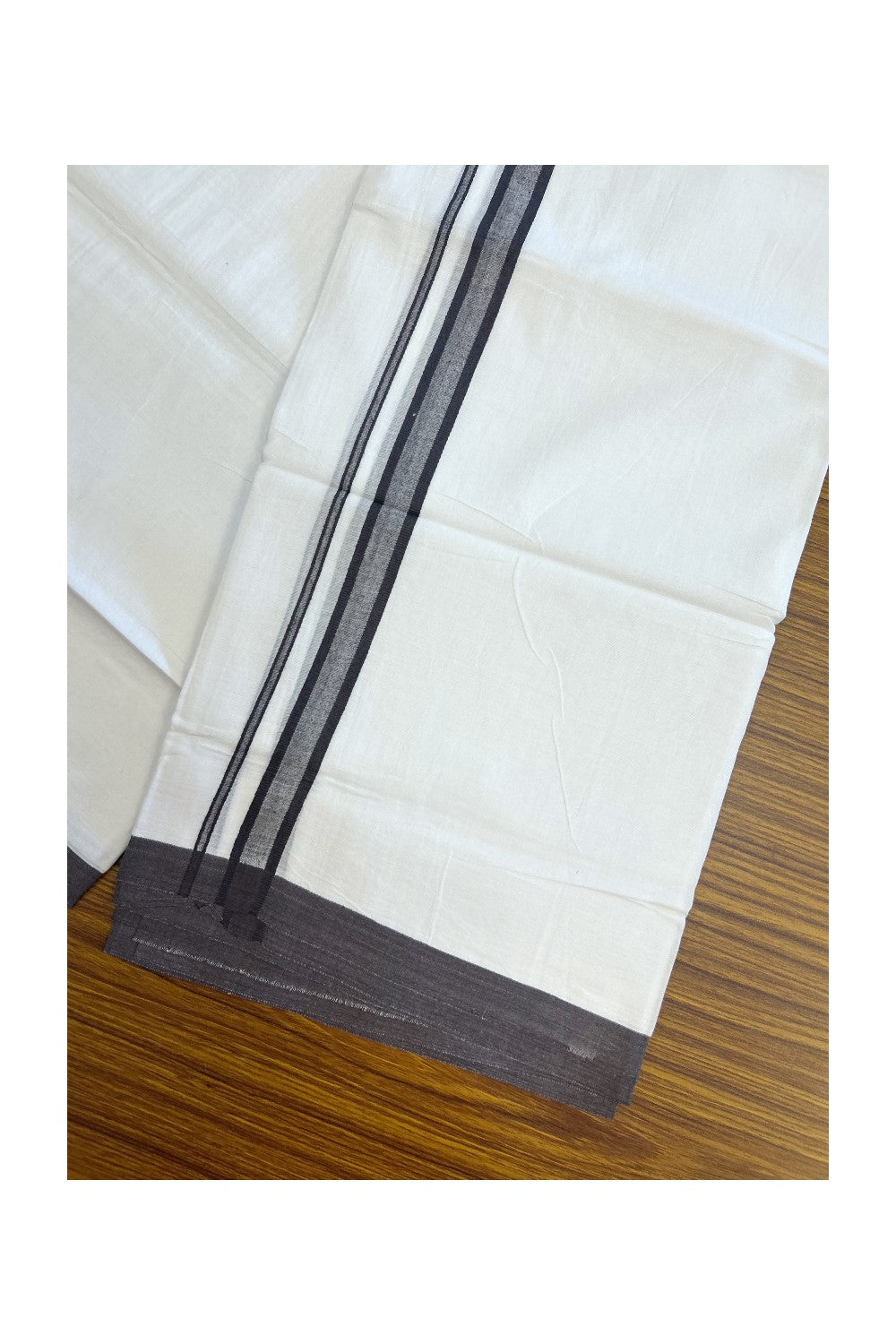 20% Discount ! Kaitharikada Balaramapuram 100% Cotton PURE WHITE Double Mundu/Dothi - 100x80 - 0.75 inch Dark Brown Shaded Kara 3.70 mtr (8 muzham) - 64KK5220 THI