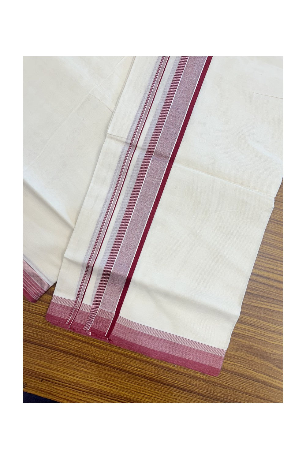 20% DISCOUNT! KaithariKada Balaramapuram 100% Cotton Double OFF WHITE (unbleached) Mundu/Dhoti- 100x80- 1.75 inch Silver Kasavu & Maroon Red Stripes Shaded Kara 4 mtr (8.5 muzham) - 87KK5227 PMC