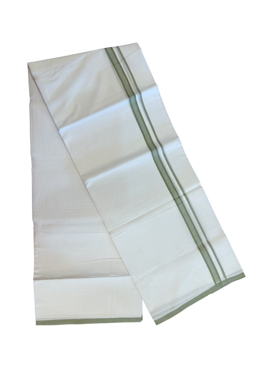 20% Discount ! Kaitharikada Balaramapuram 100% Cotton PURE WHITE Double Mundu/Dothi - 100x80 - 0.75 inch Pista Green Shaded Kara 3.70 mtr (8 muzham) - 65KK5220 THI