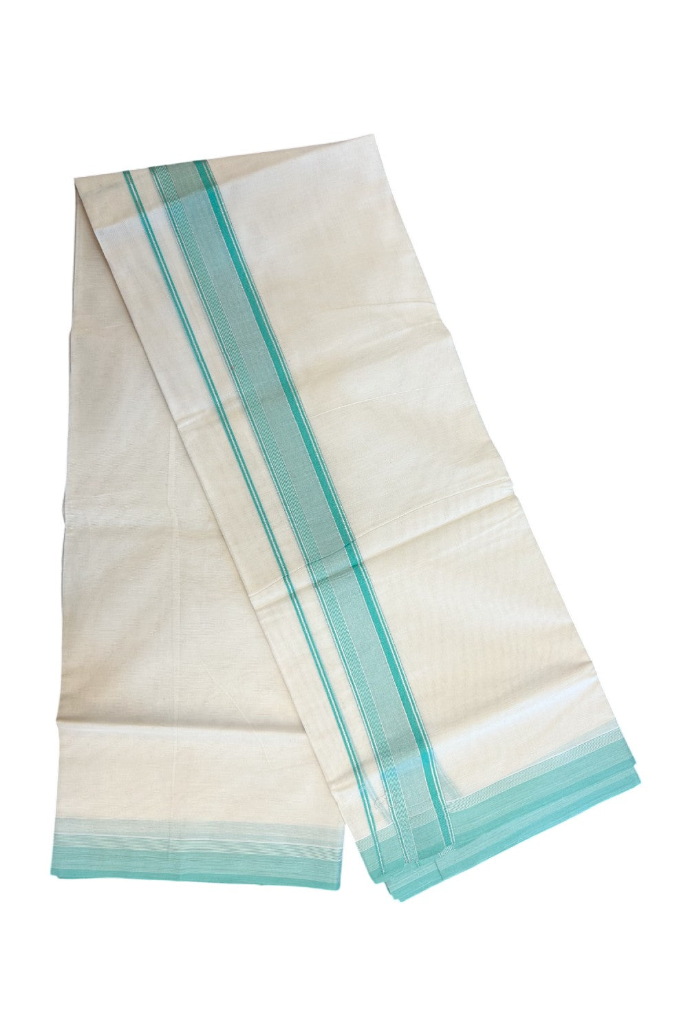 20% DISCOUNT! KaithariKada Balaramapuram 100% Cotton Double OFF WHITE (unbleached) Mundu/Dhoti- 100x80- 1.75 inch Silver Kasavu & Turquoise Green Stripes Shaded Kara 4 mtr (8.5 muzham) - 88KK5227 PMC