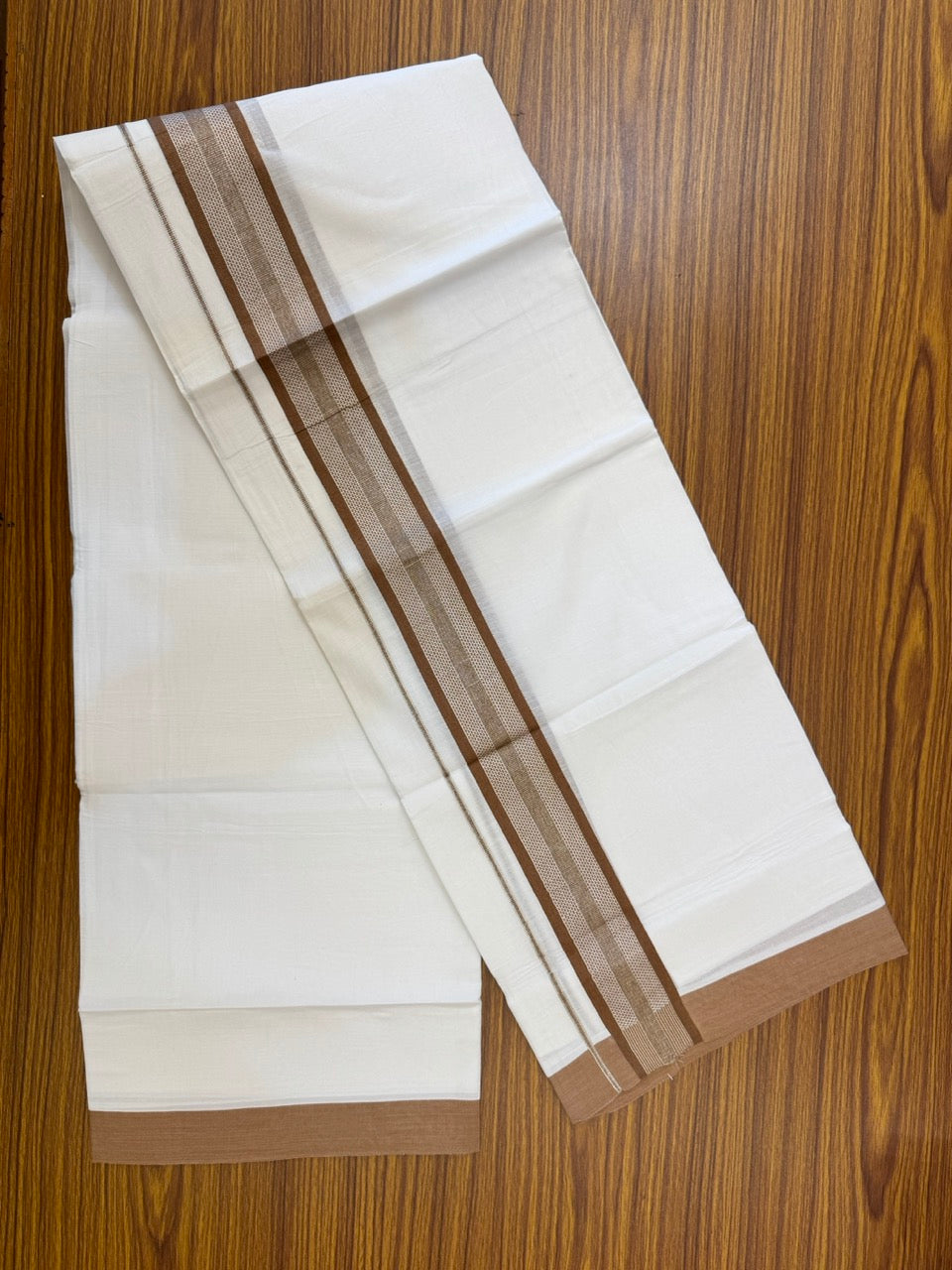 Pure White Double 20% Discount! KaithariKada 100% Cotton Pure Cotton Double Mundu / Dhoti - 100x80 - 1.5 inch Brown Jacquard Silver Kasav Kara 3.80 meter (8 muzham) - 89 KK5220 THI