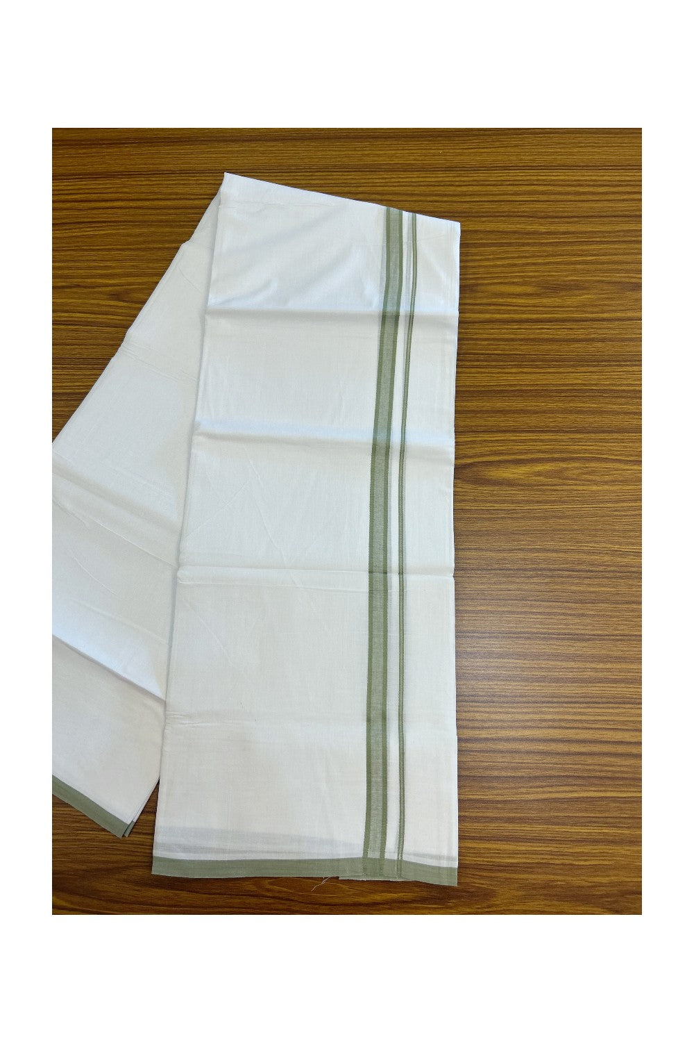 20% Discount ! Kaitharikada Balaramapuram 100% Cotton PURE WHITE Double Mundu/Dothi - 100x80 - 0.75 inch Pista Green Shaded Kara 3.70 mtr (8 muzham) - 65KK5220 THI