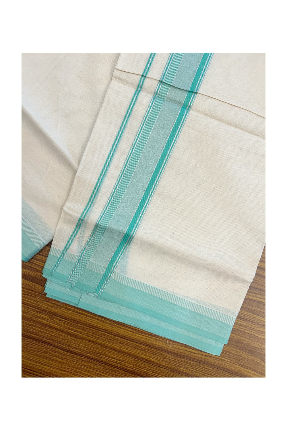 20% DISCOUNT! KaithariKada Balaramapuram 100% Cotton Double OFF WHITE (unbleached) Mundu/Dhoti- 100x80- 1.75 inch Silver Kasavu & Turquoise Green Stripes Shaded Kara 4 mtr (8.5 muzham) - 88KK5227 PMC