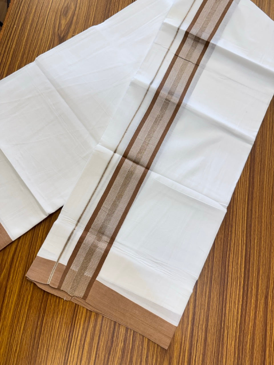 Pure White Double 20% Discount! KaithariKada 100% Cotton Pure Cotton Double Mundu / Dhoti - 100x80 - 1.5 inch Brown Jacquard Silver Kasav Kara 3.80 meter (8 muzham) - 89 KK5220 THI