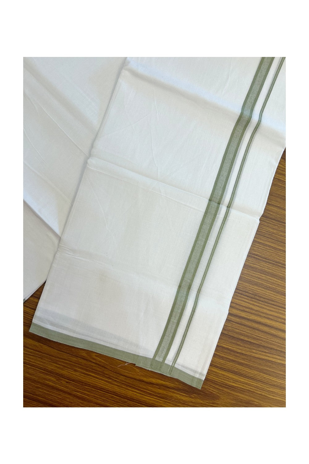 20% Discount ! Kaitharikada Balaramapuram 100% Cotton PURE WHITE Double Mundu/Dothi - 100x80 - 0.75 inch Pista Green Shaded Kara 3.70 mtr (8 muzham) - 65KK5220 THI