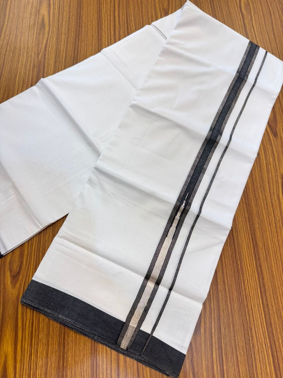 20% Discount ! Kaitharikada Balaramapuram 100% Cotton Pure White Double Mundu/Dothi - 100x80 - 1 inch Puliyilakkara Black & Silver Kasav Heavy One Side Chutty Striped Kara 4 mtr (8.5 muzham) - 66 KK5255 VAS