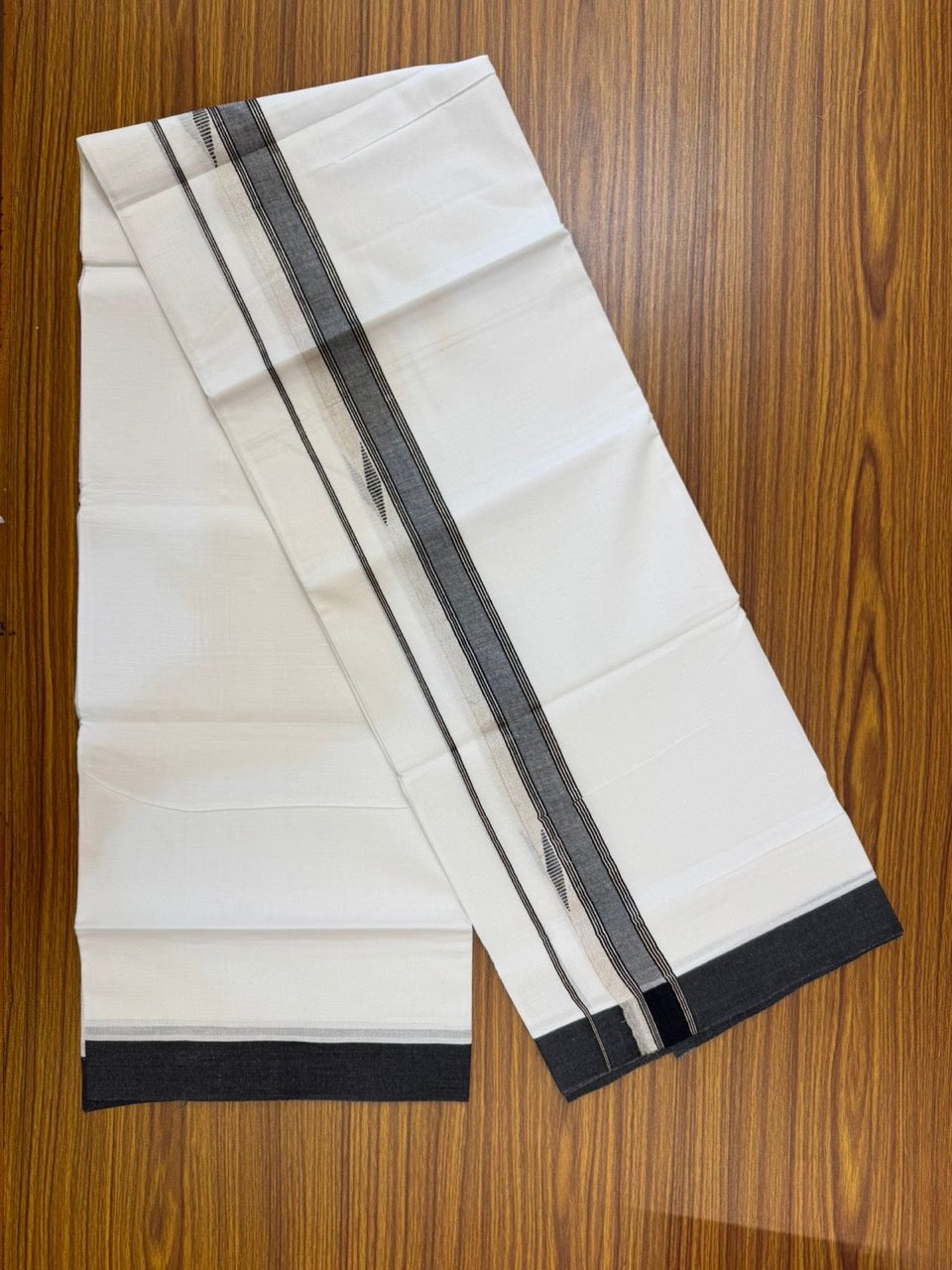 20% Discount ! Kaitharikada Balaramapuram 100% Cotton Pure White Double Mundu/Dothi - 100x80 - 1.5 inch Black & Silver Kasav Design Kara 4 mtr (8.5 muzham) - 70 KK5255 VAS