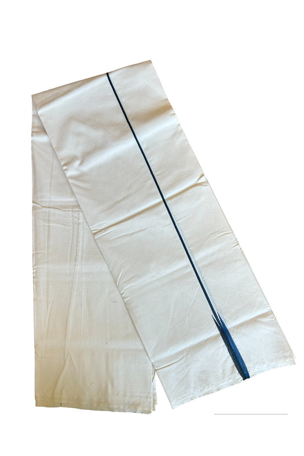 28% DISCOUNT ! KaithariKada Balaramapuram 100% COTTON SINGLE OFF WHITE (Unbleached) Mundu/Dhoti-100X100- 0.5 Inch Puliyilakkara Black & Yale Blue Chutty (2 meter / 4 muzham) - 9KK429ASH