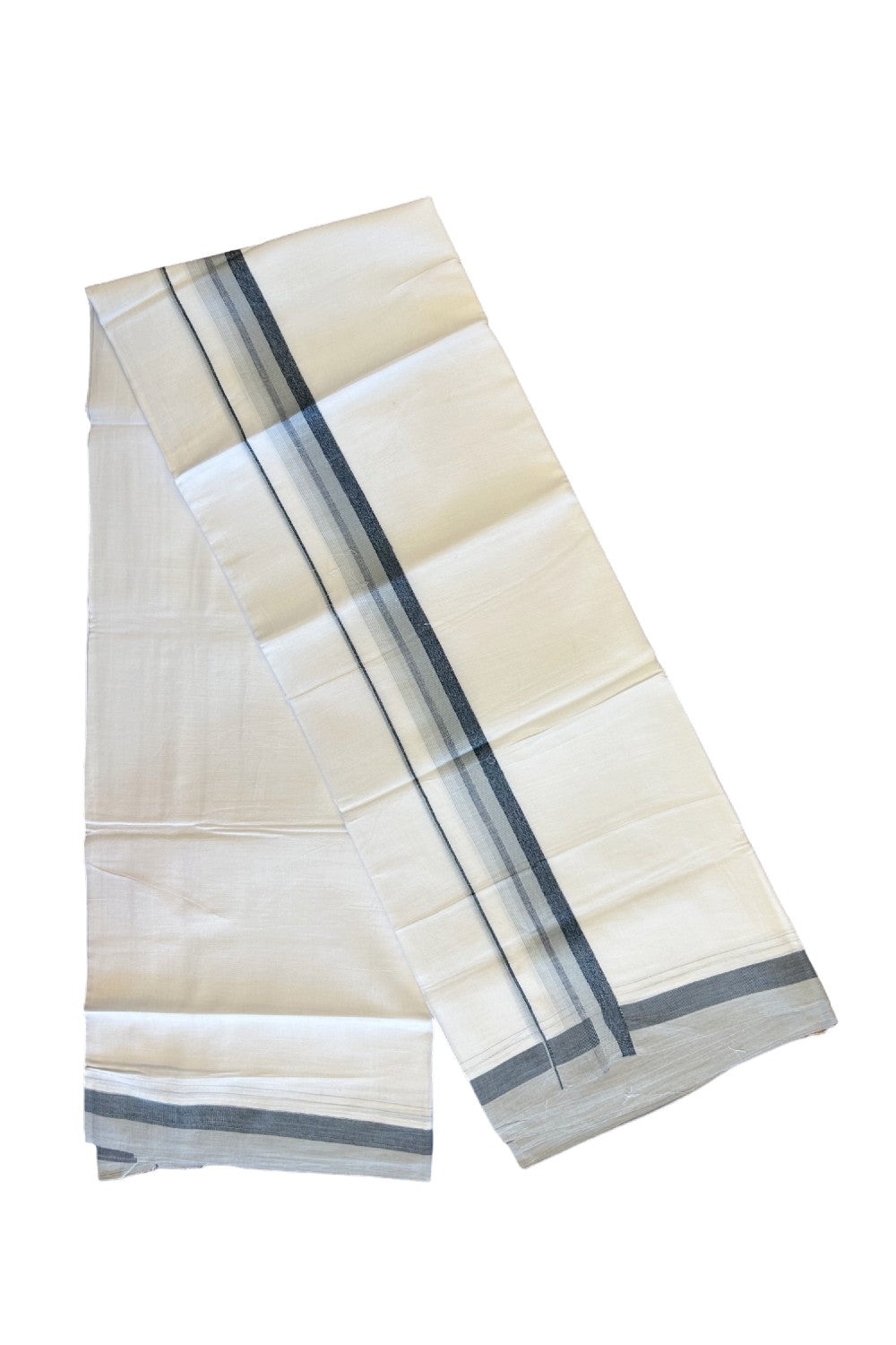 26% DISCOUNT!!! KaithariKada Balaramapuram 100% Cotton PURE white Double Mundu/Dhoti-100x90 2.25 Inch Ash Grey & Navy Blue shaded stripes kara - 9KK448VIN