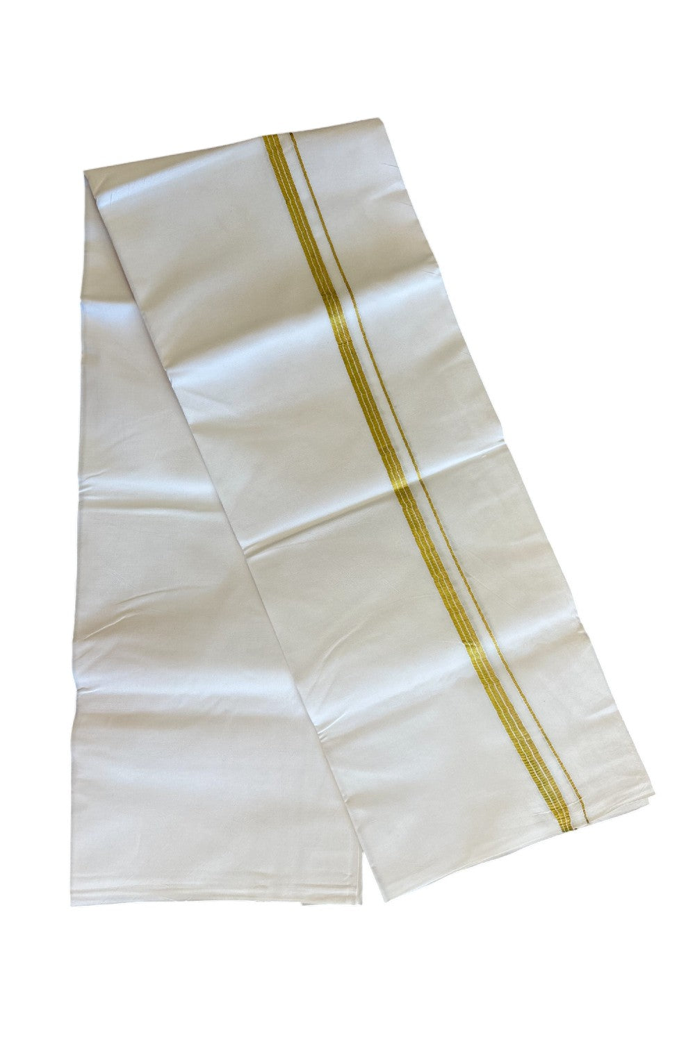 27% DISCOUNT!! KaithariKada Balaramapuram 100% Cotton PURE WHITE Single Mundu/Dhoti-100x100 Gold Kasavu Striped Kara (2 meter / 4 muzham) - 9KK5043ASH