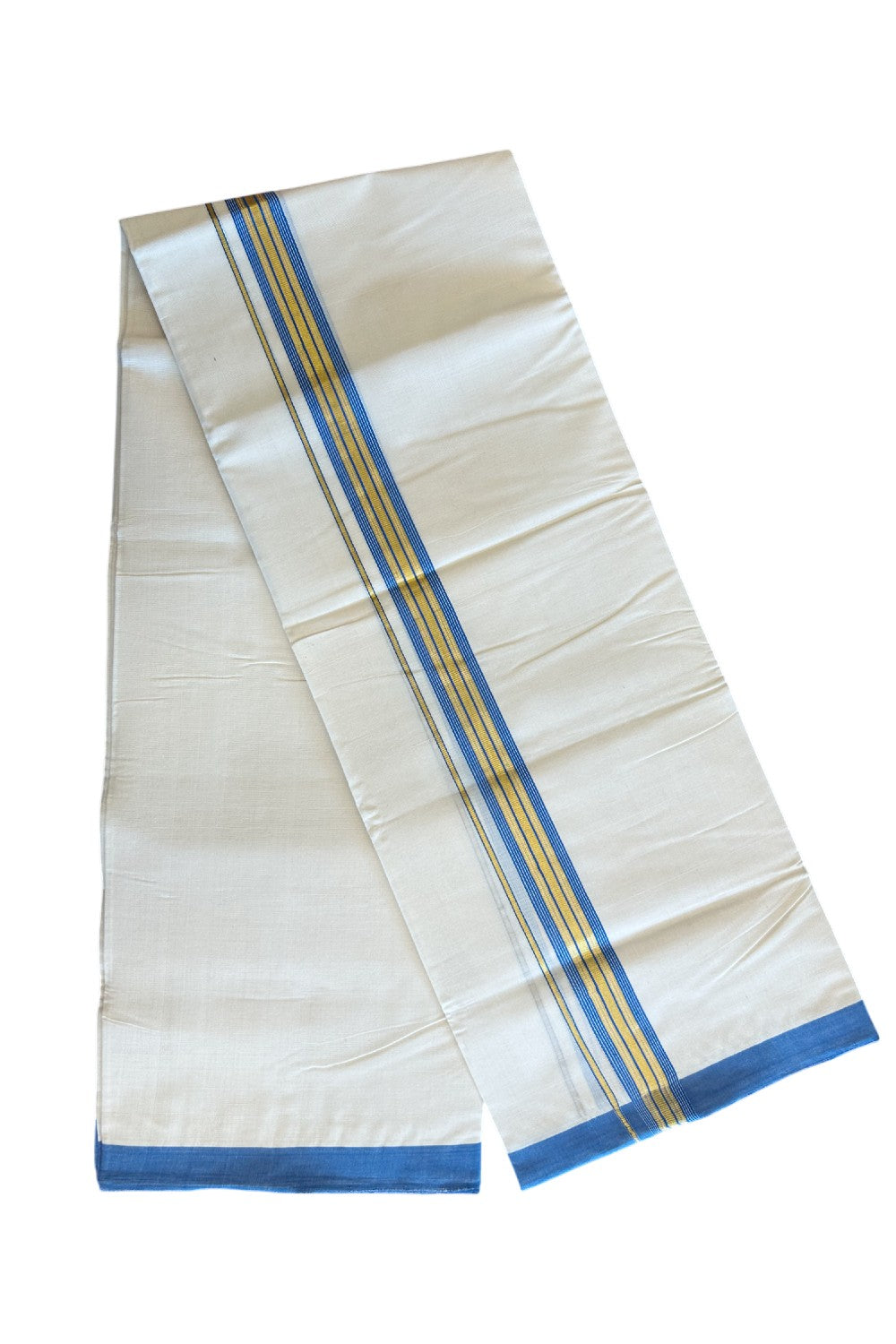 25% DISCOUNT! KaithariKada Balaramapuram Handloom 100% Cotton Double Off white (Unbleached) Mundu/Dhoti-100X100- 1.75inch Gold Kasavu & BLUE Kara.-2.
