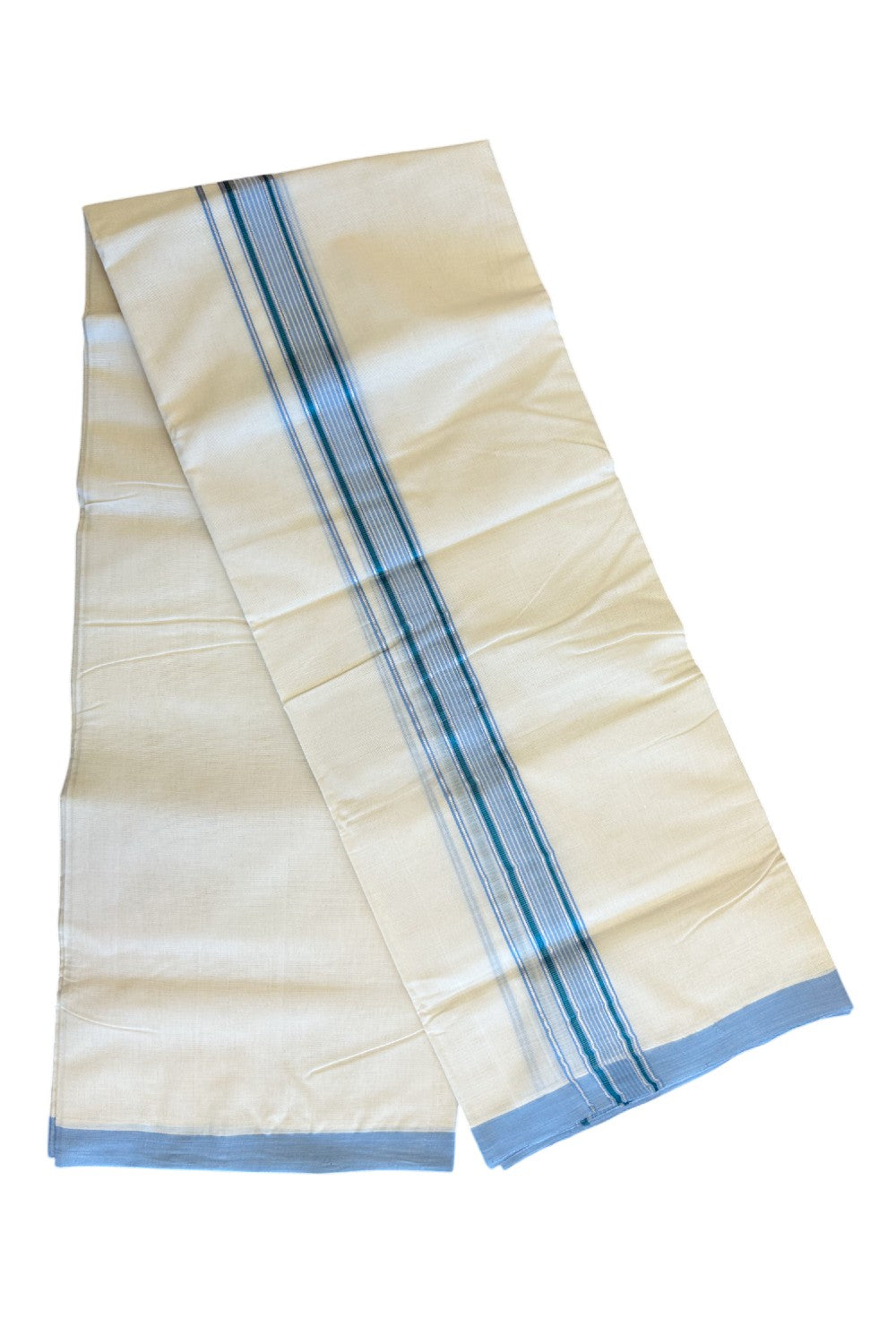 30% DISCOUNT!! KaithariKada HANDLOOM Millpaav Balaramapuram - 100% PURE Cotton OFF White - (Unbleached) Double Mundu/Dothi - Silver Kasavu with White & blue Stripes-2KK56RAM