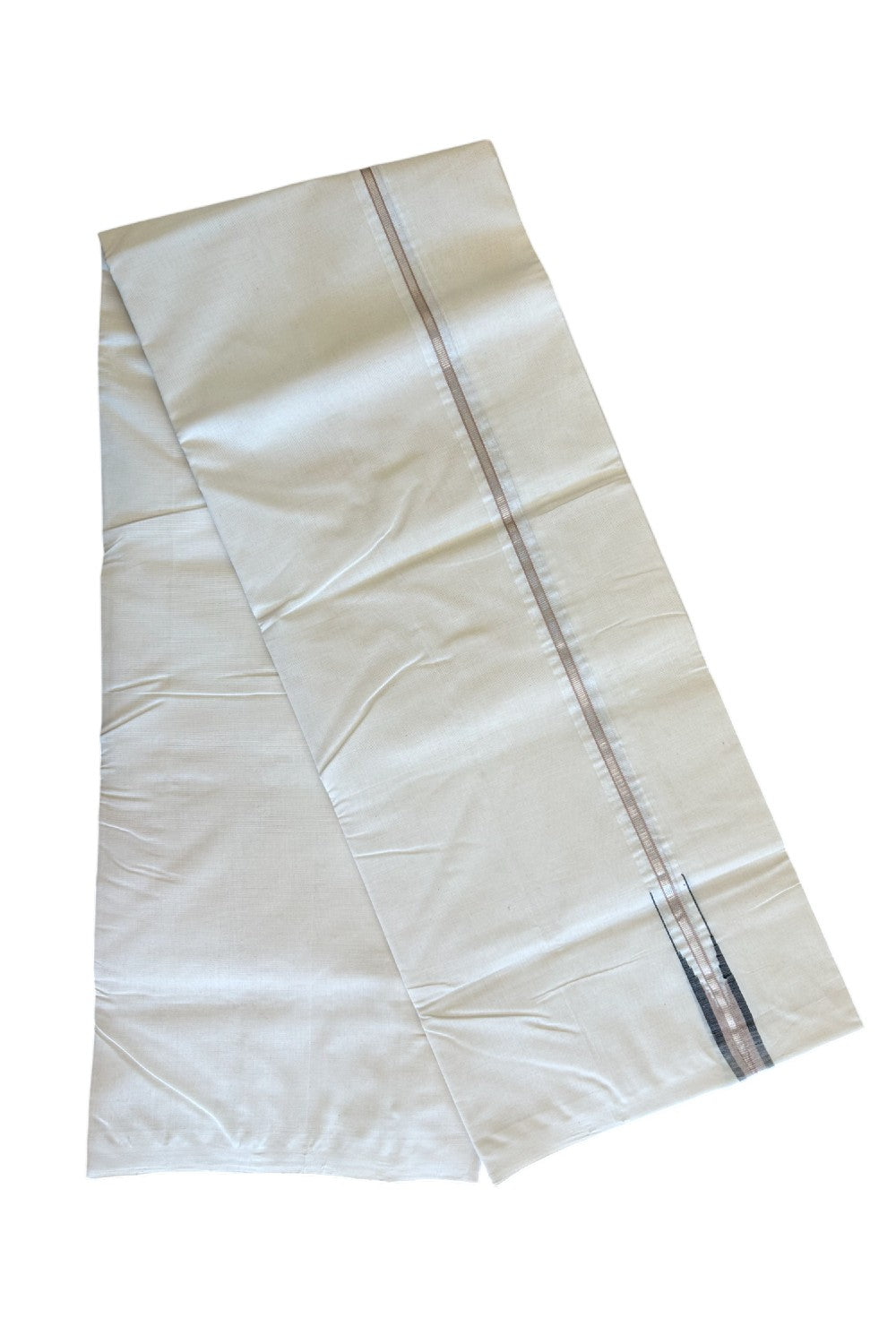 21% DISCOUNT!! KaithariKada HANDLOOM Millpaav Balaramapuram - 100% PURE Cotton OFF White - (Unbleached) Double Mundu/Dothi - 1inch Puliyilakkara Silver kasavu Black & Cream chutty - 9KK506RAM