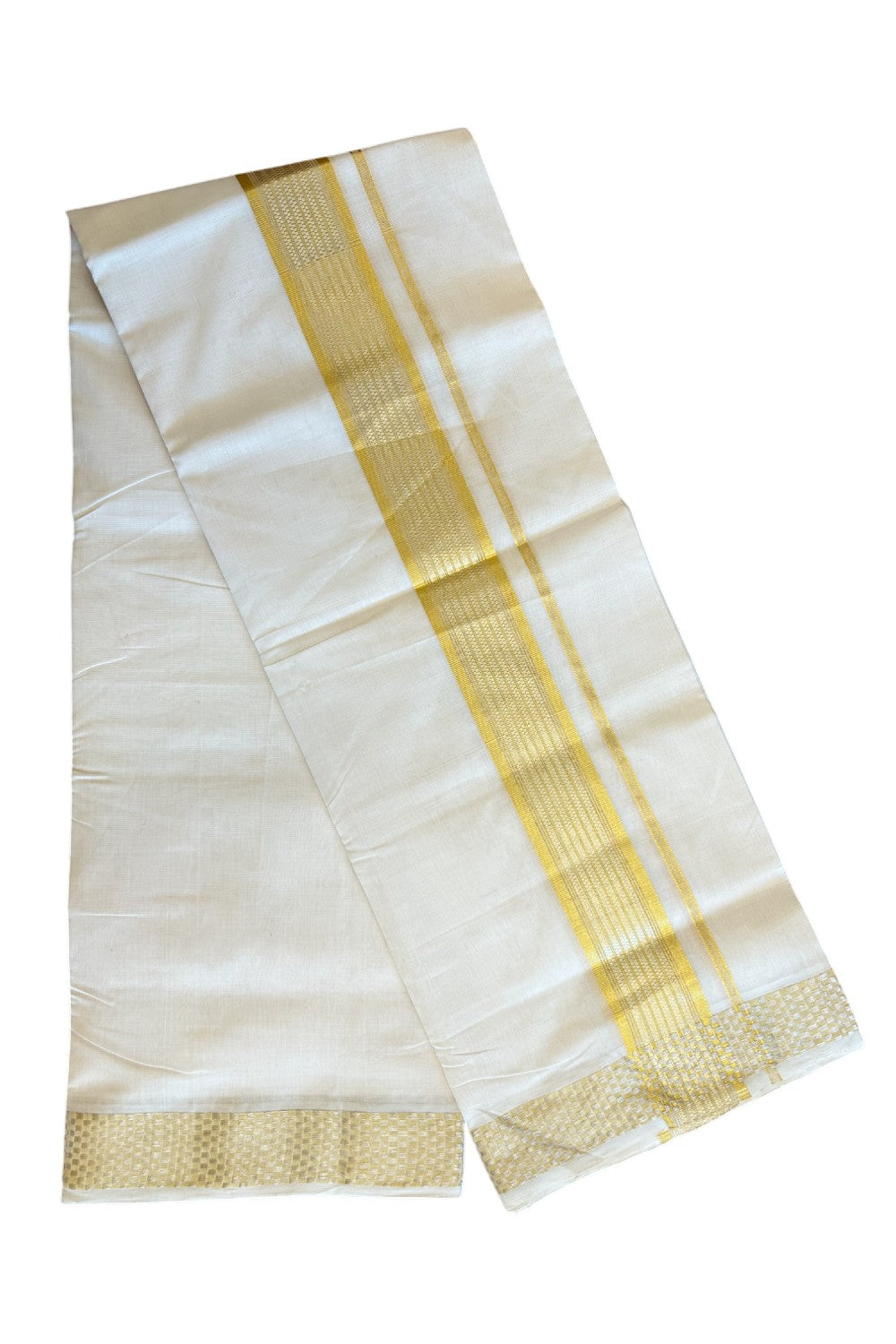 25% DISCOUNT ! KaithariKada HANDLOOM Unakkupaav Balaramapuram - 100% PURE Cotton Off White - (Unbleached) Double Mundu/Dhoti - 3 inch Gold Kasavu & Silver Shaded Striped Design Kara - 9KK5107ABH