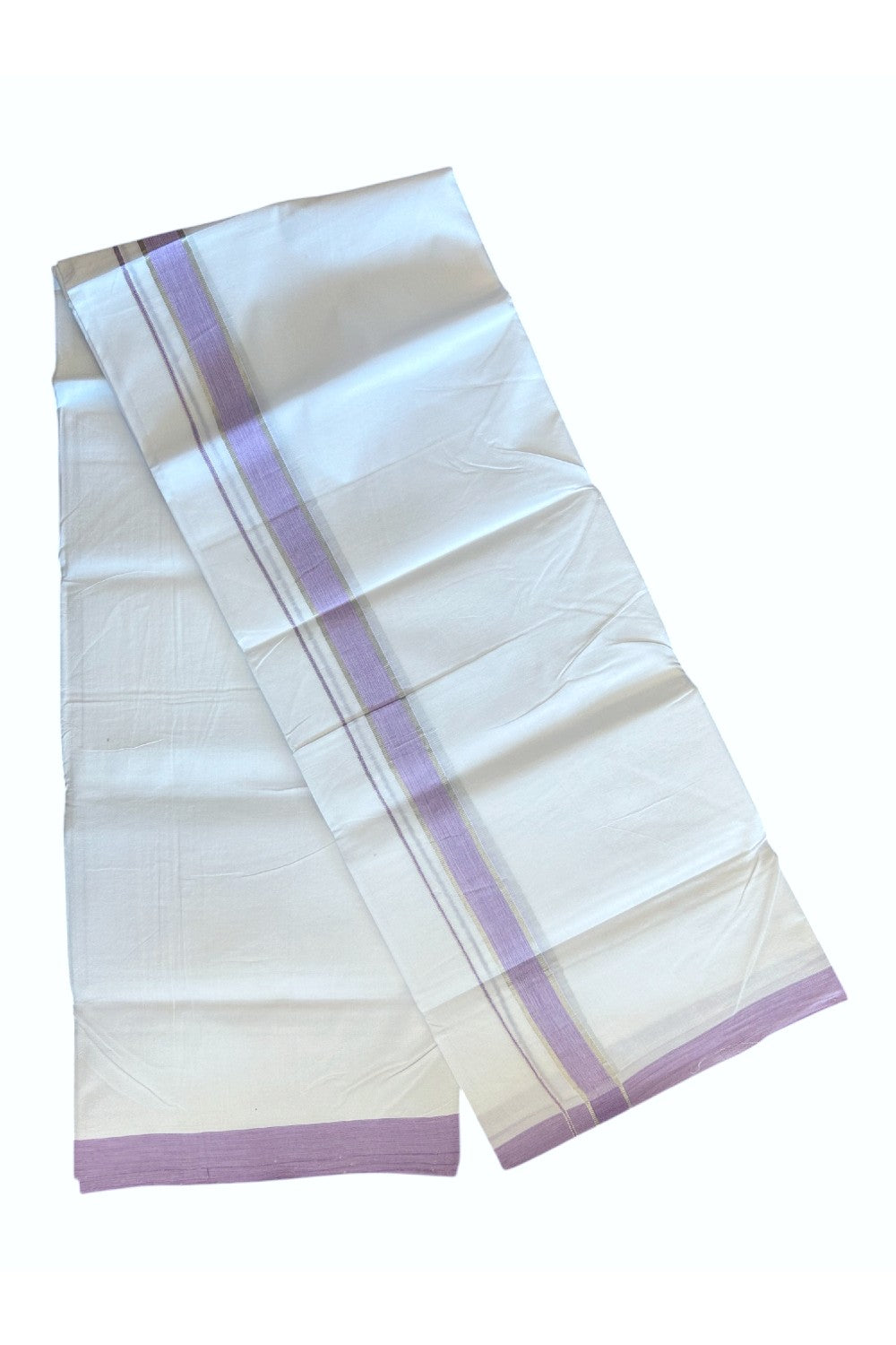 30% DISCOUNT! KaithariKada BALARAMAPURAM HANDLOOM UNAKKUPAAV - 100% PURE Cotton PURE WHITE Double Mundu/Dhoti - 1 inch Silver Kasavu & Lavender Pink Shaded Kara - 9KK5129YAR