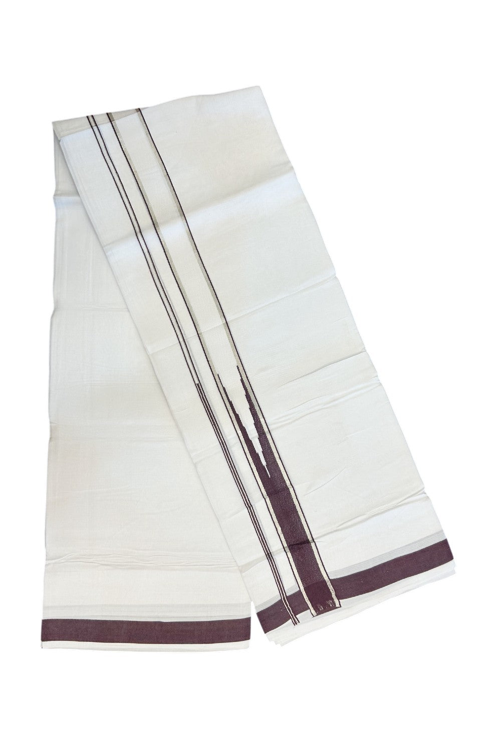 25% DISCOUNT! KaithariKada Balaramapuram 100% Mercerised Cotton Double ULTRA PURE white Mundu/Dhoti - 120x120 - 1.5 inch Heavy Chutty Silver kasavu Dark Purple Kara - 9KK5139THI