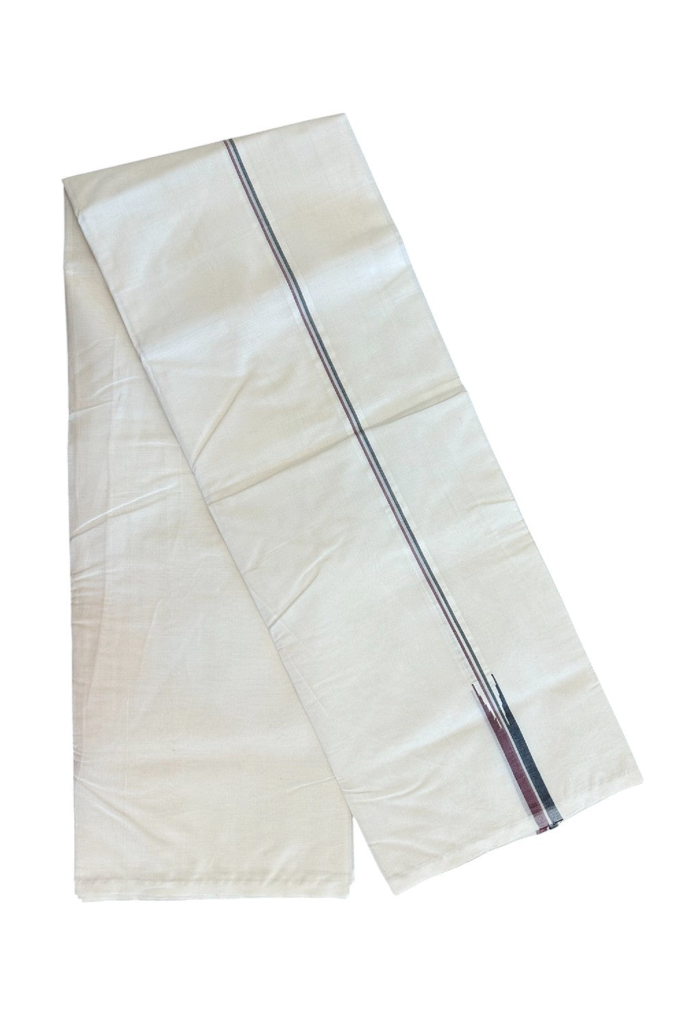 ADMK VESTHI 22% DISCOUNT ! KaithariKada Balaramapuram 100% COTTON DOUBLE OFF WHITE (Unbleached) Mundu/Dhoti-100X100- 0.75 Inch Puliyilakkara Maroon & Black Chutty Kara - 9KK5140ASH