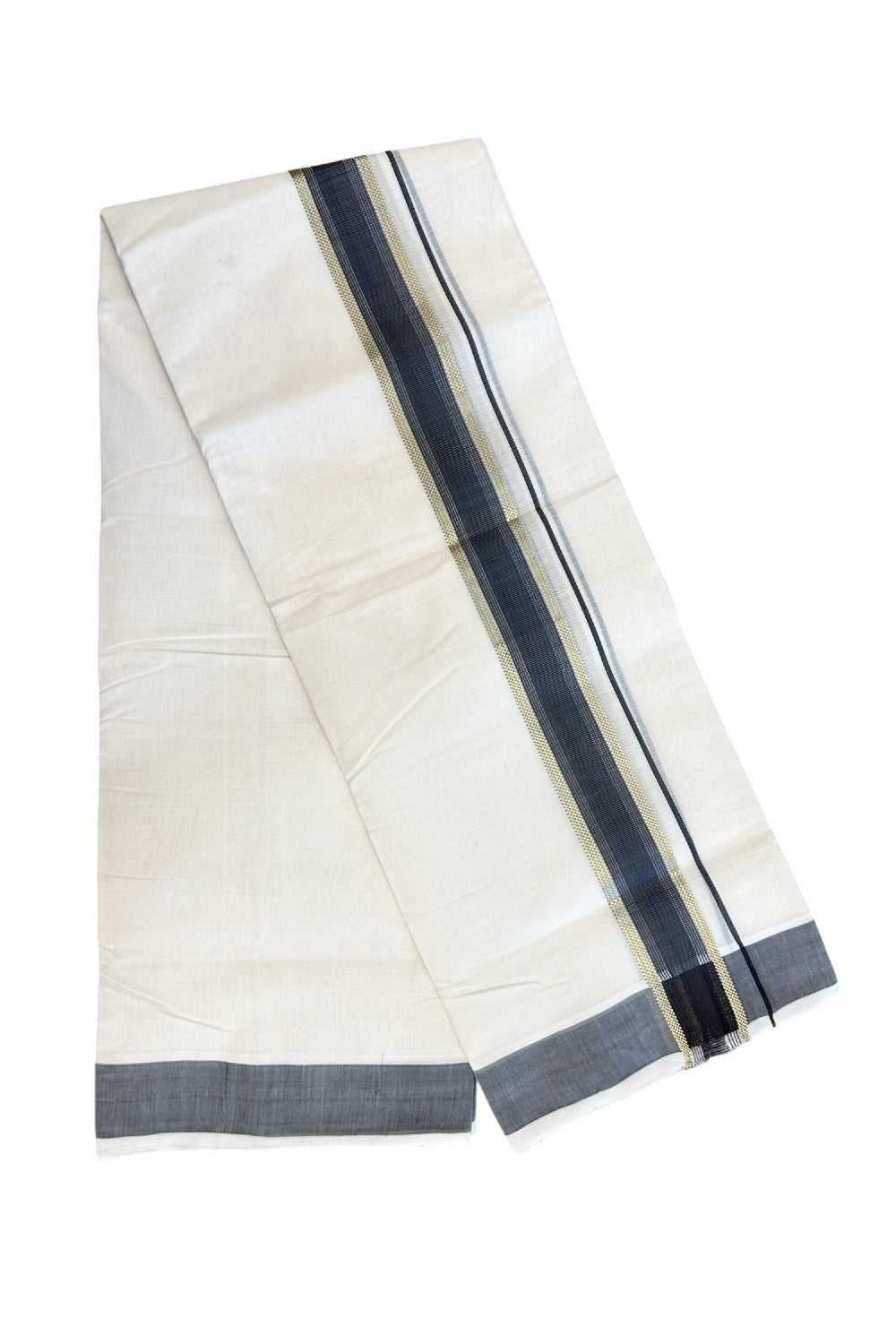 25% DISCOUNT!! KaithariKada HANDLOOM MILLPAAV Balaramapuram - 100% PURE Cotton OFF White - (Unbleached) Double Mundu/Dothi - 2 inch BROWN colour kasavu & Gold Kasavu Striped kara - 1KK5170RAM