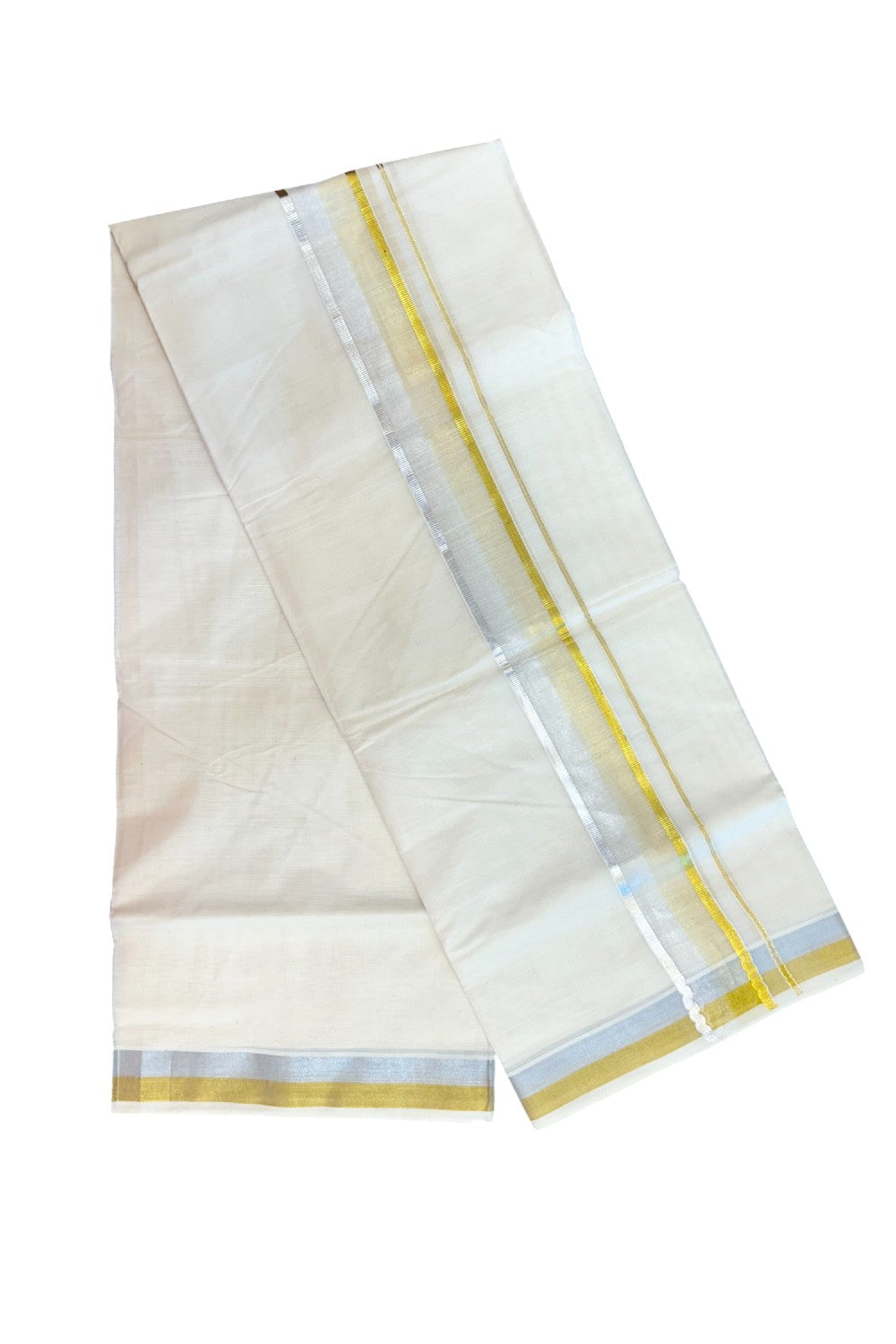 20% DISCOUNT!! KaithariKada Balaramapuram Pure Cotton DOUBLE OFF WHITE - (Ubleached) Mundu/Dhoti - 80x72 - 2 inch KASAVU & SILVER SHADED KARA - 9KK5171GAN