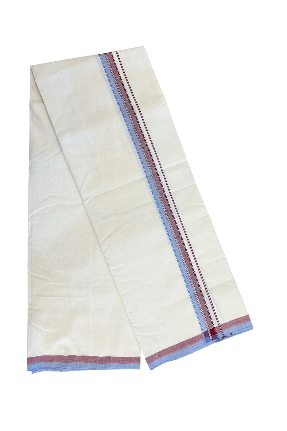 30%DISCOUNT!! SIGNATURE KAITHARIKADA EXCLUSIVE SINGLE DHOTI - 100% Cotton Balaramapuram HANDLOOM Single Mundu/Dhoti - Off White - (Unbleached) 1.25 inch Maroon Lavender & Silver Kasavu Striped Kara (2 meter / 4 muzham)- 9KK5173KAI
