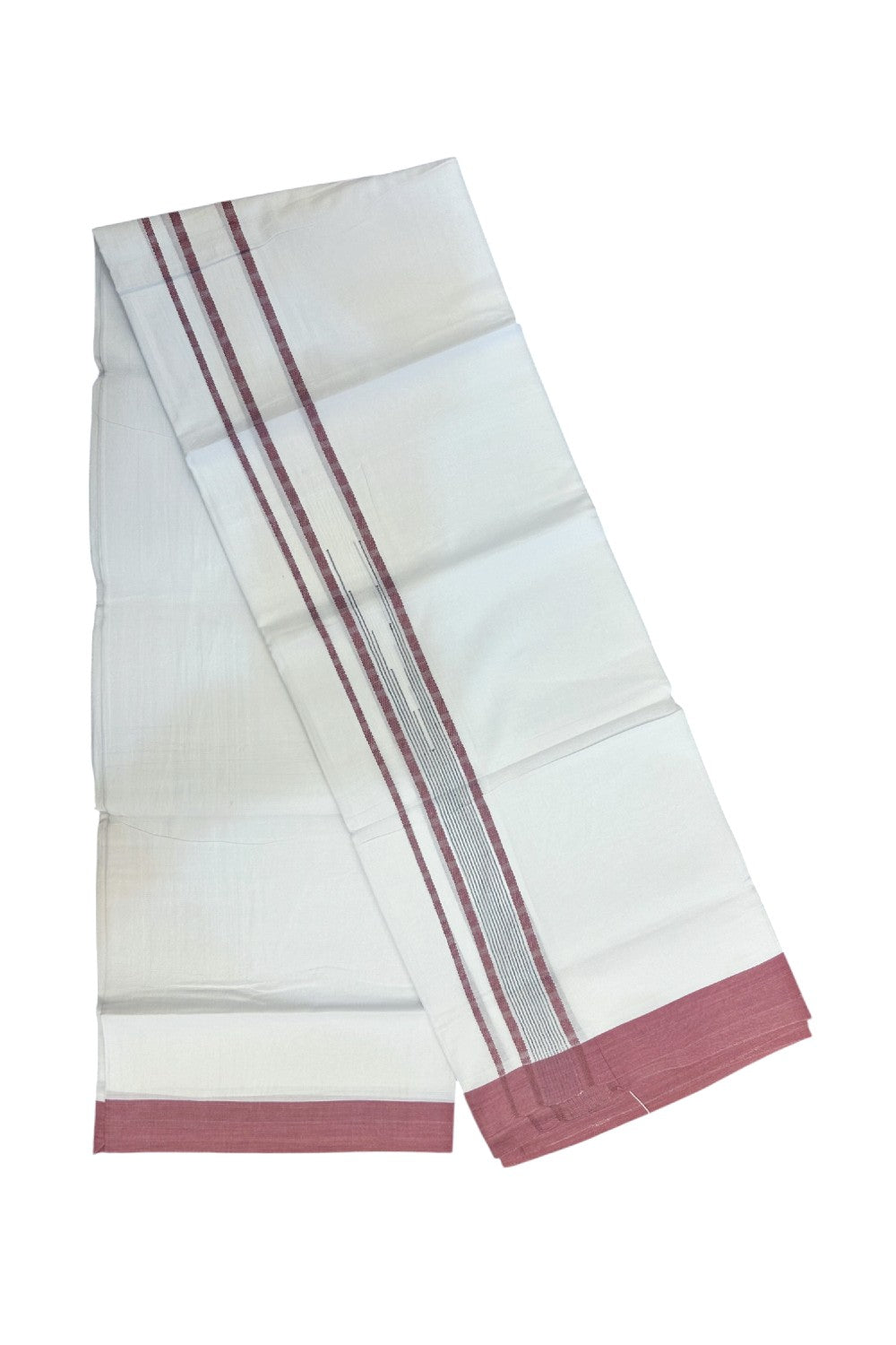 20% DISCOUNT! KaithariKada Balaramapuram DOUBLE PURE WHITE 100% Cotton Mundu/Dhoti - 100x80 - 1.5 inch Dark Peach Putta Design Chutty Kara - 9KK5174THI