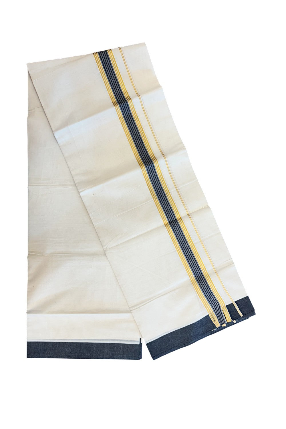 20% DISCOUNT! KaithariKada Balaramapuram Double OFF WHITE Mundu/Dhoti - 80x80 - 1.5 Inch Gold Kasavu & Black Shaded striped Kara - 9KK5182VAS