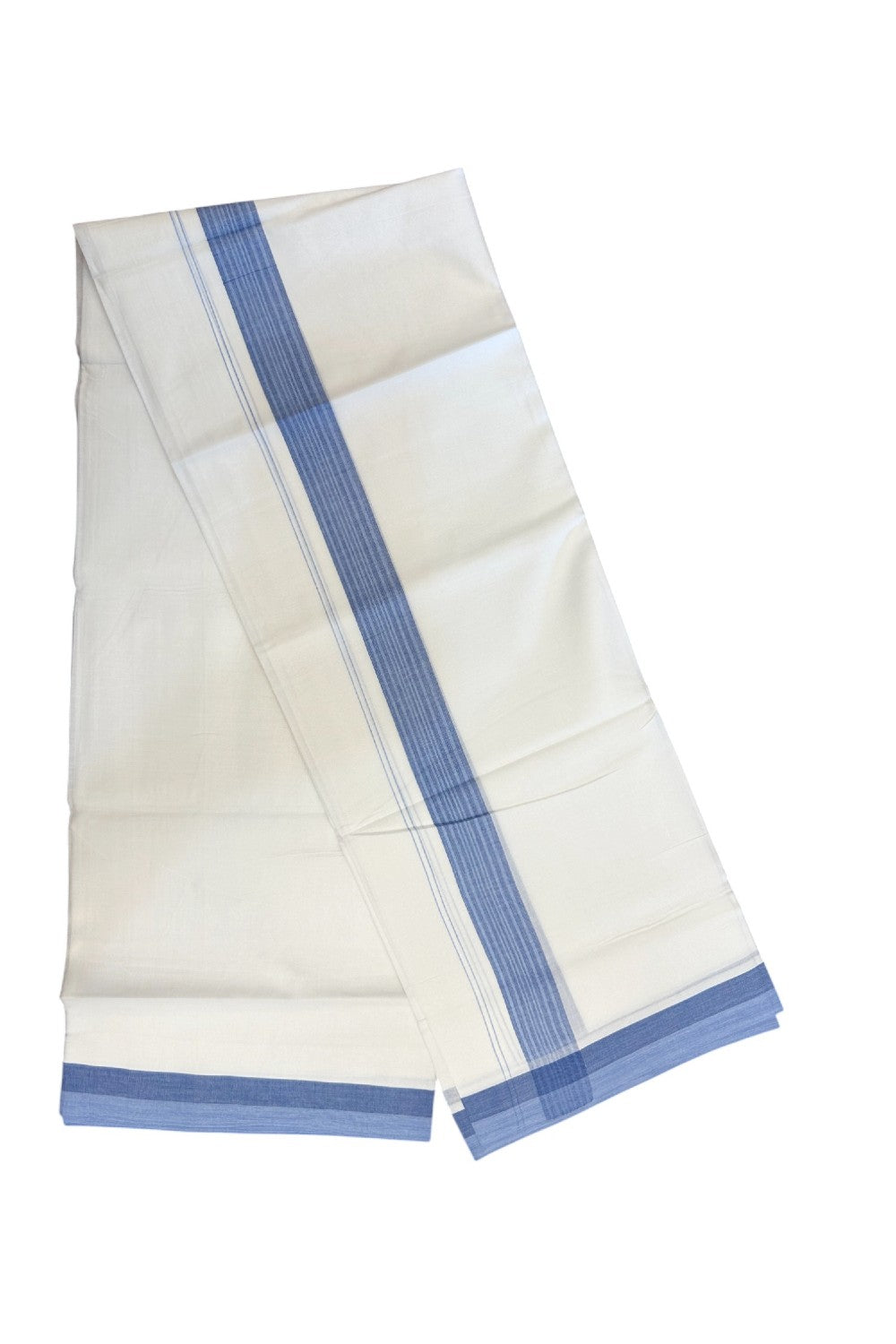 20% Discount ! Kaitharikada Balaramapuram 100% Cotton PURE WHITE Double Mundu/Dothi - 100x80 - 1.5 inch Light Blue & Deep Blue Striped Kara - 9KK5183VIN