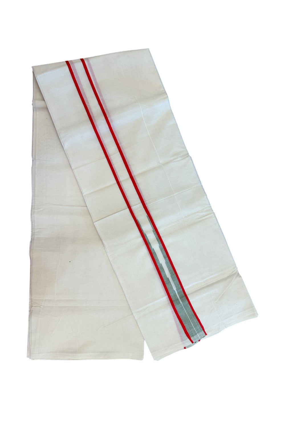 20% Discount ! Kaitharikada Balaramapuram 100% Cotton Double Off white (Unbleached) Mundu/Dhoti - 100x80 - 1.5 inch Red & Green Stripes Chutty Kara - 9KK5186CKS