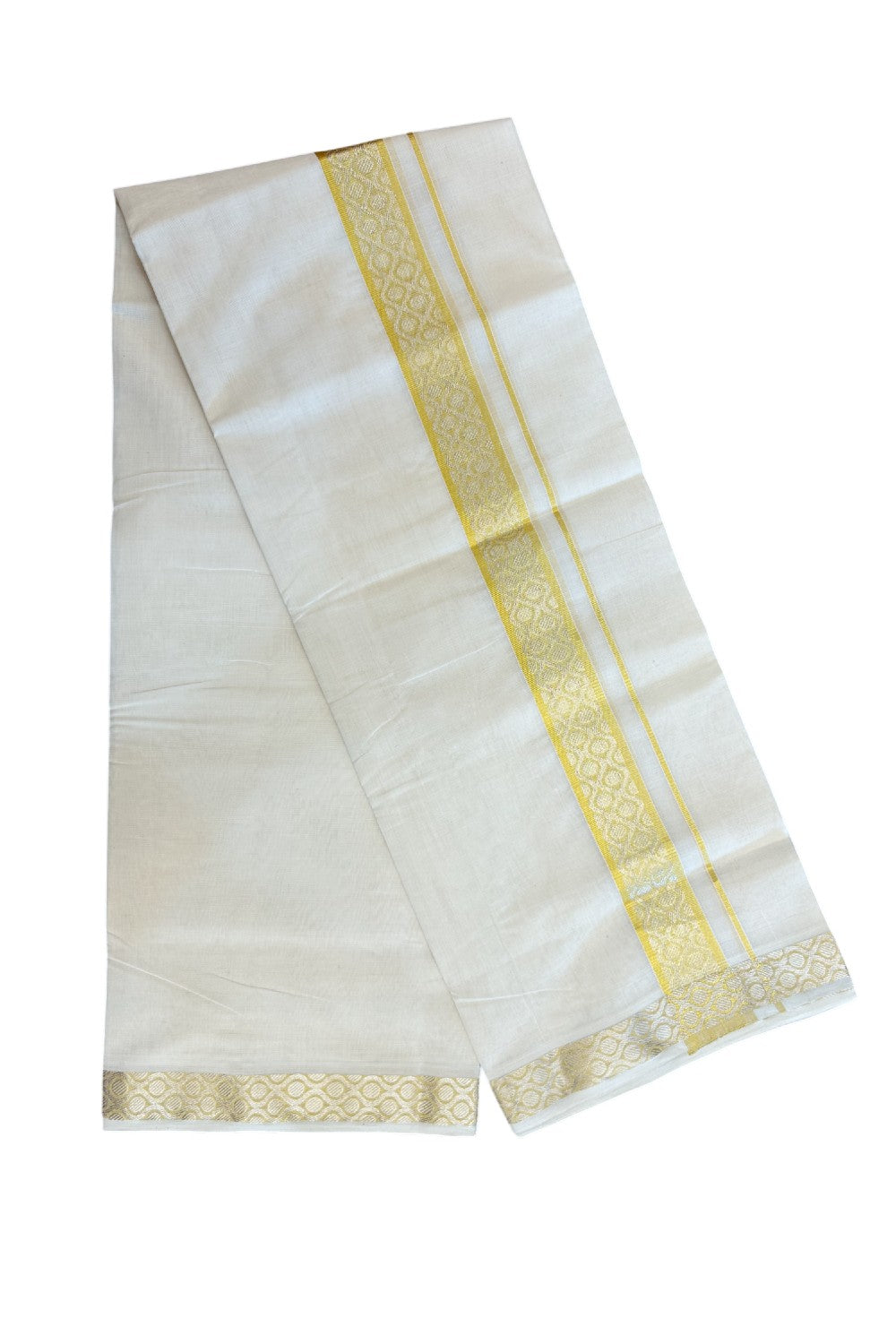 25% DISCOUNT ! KaithariKada HANDLOOM Unakkupaav Balaramapuram - 100% PURE Cotton Off White - (Unbleached) Double Mundu/Dhoti - 1.75 inch Gold Kasavu Jacquard Design Kara - 9KK5190ABH