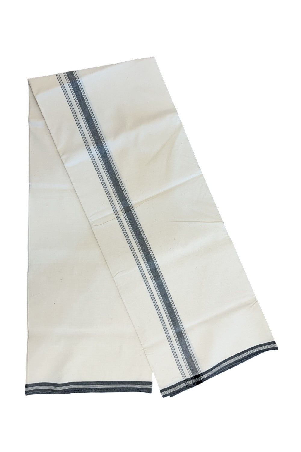 20% DISCOUNT ! KaithariKada Balaramapuram 100% COTTON SINGLE OFF WHITE - (Unbleached) Mundu/Dhoti-Twisted 100s Thread- 0.75 inch Black Shaded Striped Kara (2 metre - 4 muzham) - 9KK5203ASH