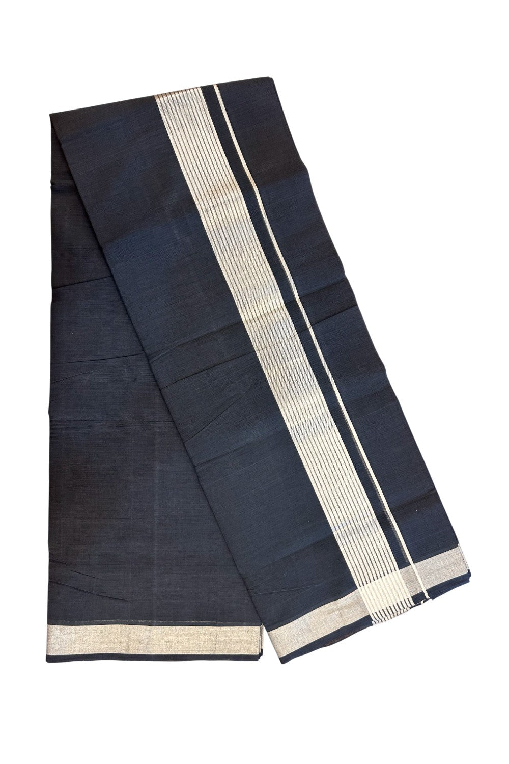 25% Discount! KaithariKada Handloom UNAKKUPAAV Balaramapuram - 100% Cotton Double Mundu/Dhoti - Black Colour Body - 2 inch Silver Kasavu Striped Design Kara- 9KK5206ABH