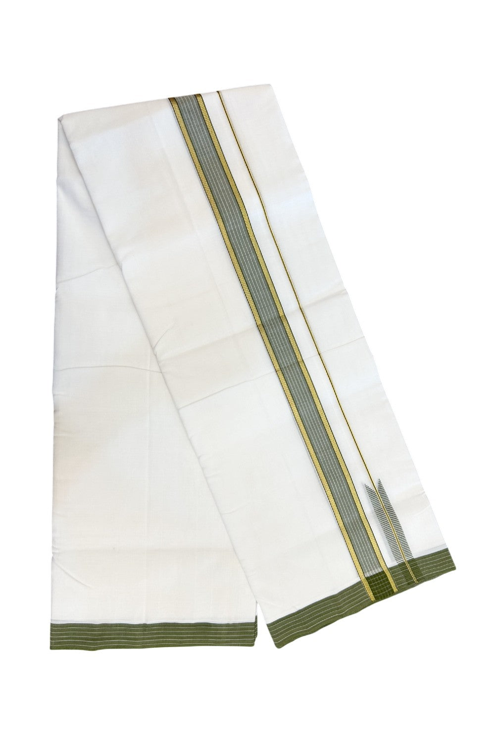 25% Discount!! NEW ULTRA PURE WHITE HANDLOOM Balaramapuram - 100% Mercerised Cotton Double Mundu/Dhoti - 120 twisted warp x 80s weft - 1.5 inch Puliyilakkara Gold Kasavu & Sage Green Striped Chutty Kara- 9KK5209 REA