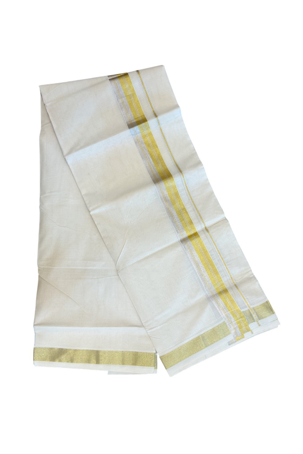 20% DISCOUNT ! KaithariKada Balaramapuram - 100% PURE Cotton Off White - (Unbleached) Double Mundu/Dhoti - 100X80 - 1.5 inch Gold Kasavu & Silver Kasavu Striped Kara - 9KK5212 VIN