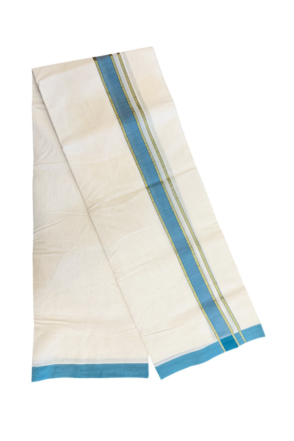 NEW !! 20% DISCOUNT!! KaithariKada Balaramapuram 100% Cotton Double Off white - (Unbleached) Mundu/Dhoti-100x80 - 1.5 inch Gold Kasavu & Peacock Blue Shaded Striped KARA - 3.75 mtr (8 Muzham) - 9KK5218 ASH