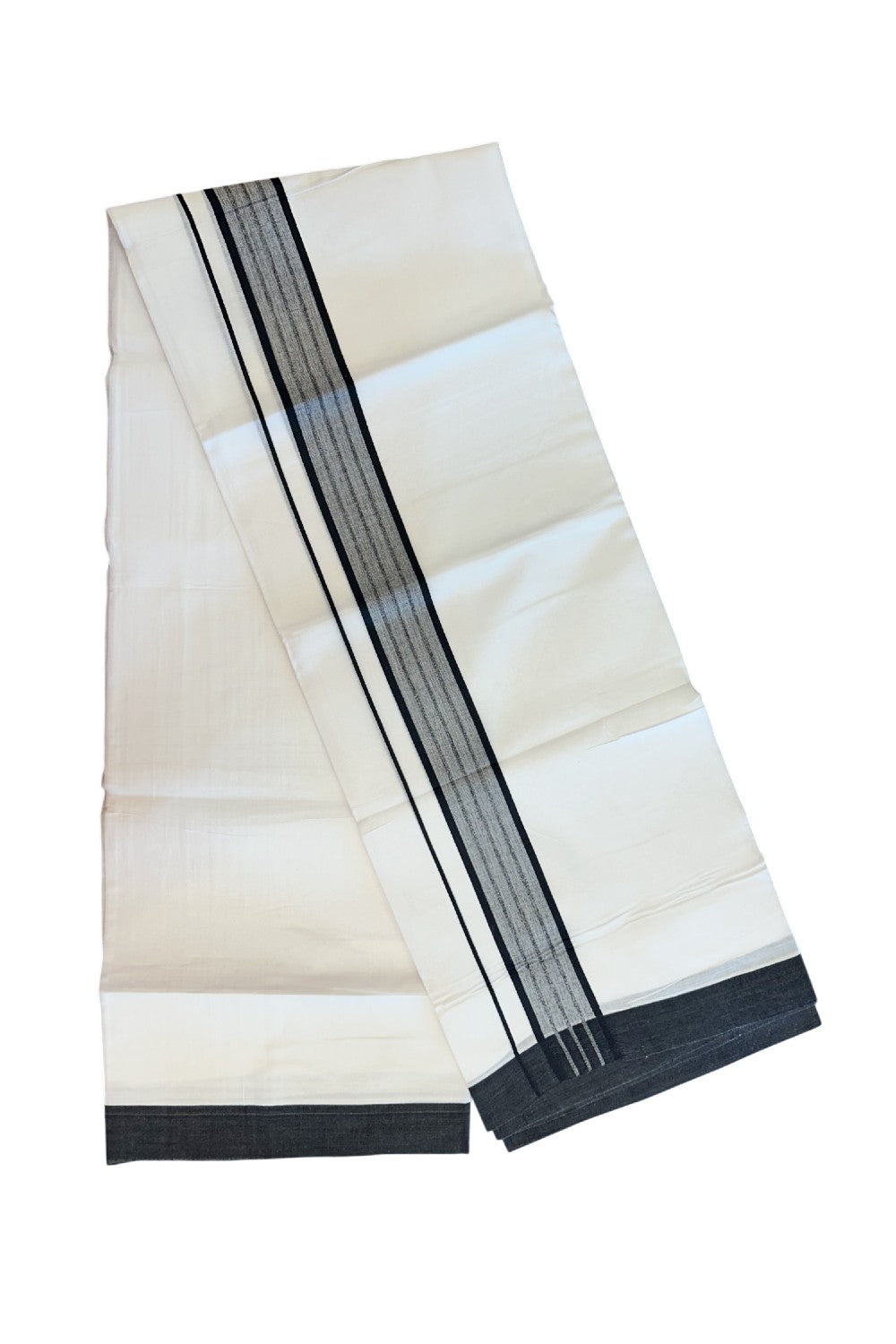20% DISCOUNT!!! KaithariKada Balaramapuram 100% Cotton DOUBLE PURE WHITE Mundu/Dhoti - 100X80 - 1.75 Inch Black Shaded Stripes kara 3.75 mtr (8 muzham) - 9KK5220 THI