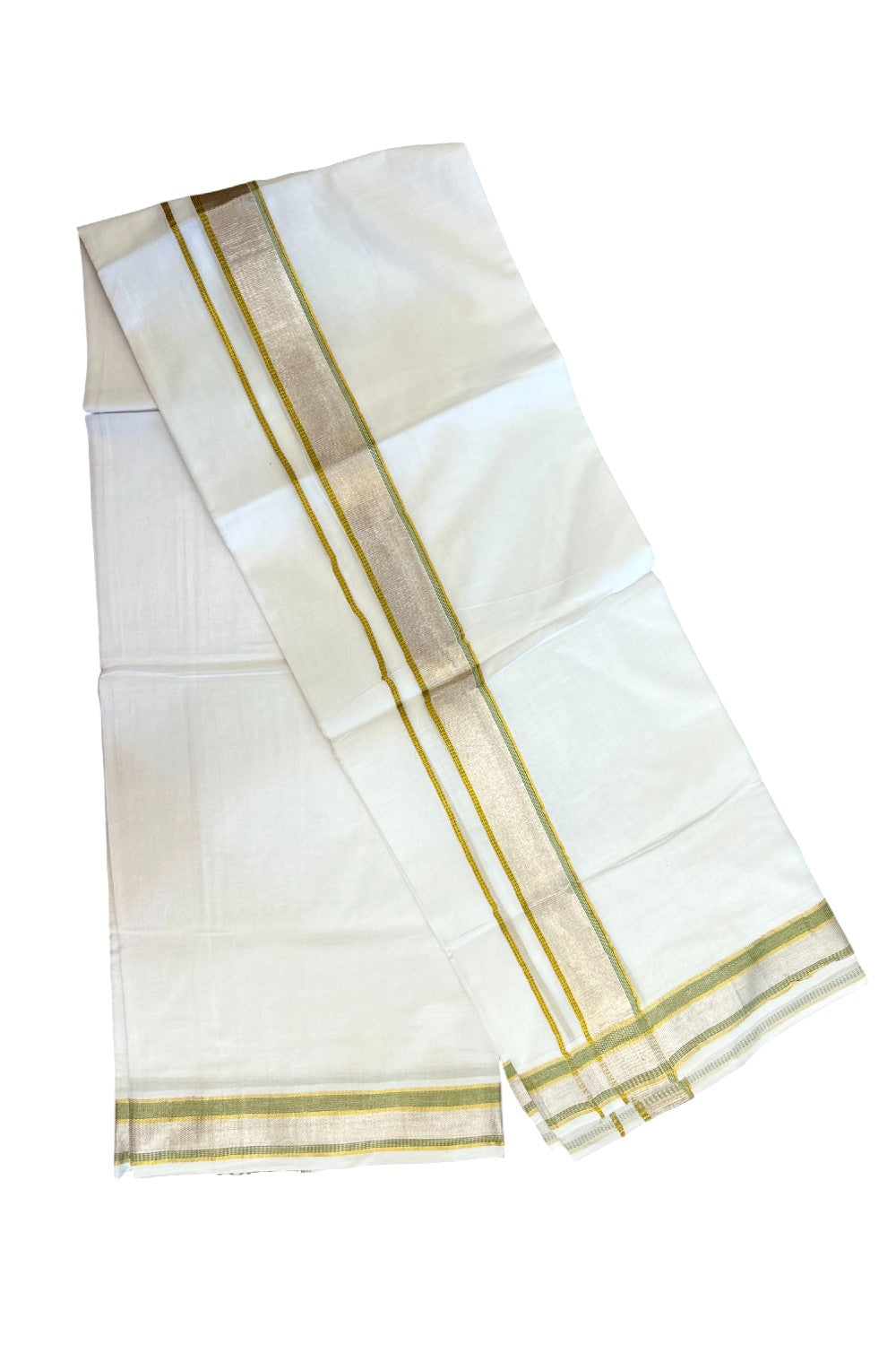 17% DISCOUNT! KaithariKada Balaramapuram 100% Cotton Double PURE WHITE Mundu/Dhoti - 100x100 - 1.5 inch Sage Green Silver Kasav & Gold Kasavu Stripes Kara - 9KK5221 GAN