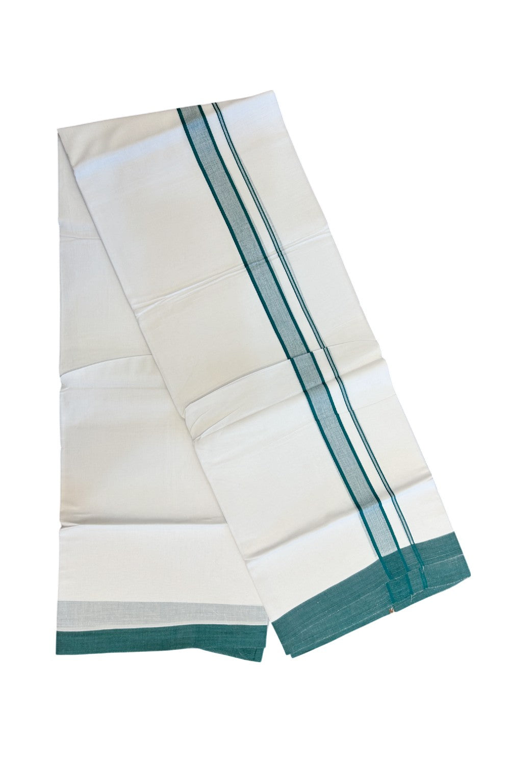 30% DISCOUNT! KaithariKada Balaramapuram 100% Cotton Double Pure white Mundu/Dhoti-( 60s ) - 1 inch Green Shaded Kara - 3.86mtr ( 8 muzham) - 9KK5227 PMC